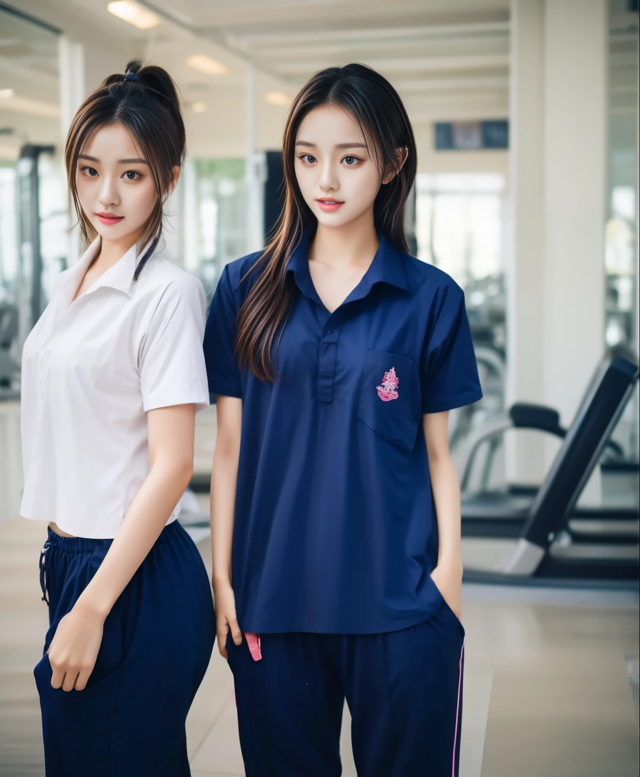 3 girls in fitness center, Navy blue short-sleeved shirt,Navy Long Trackpant,Sweatpants, Sweatpantsขายาว,25 year old girl, lesbian, sexy, exercise clothes, wet body, exercise clothes
