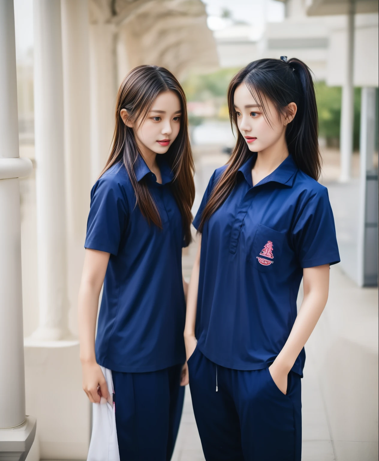 3 girls in fitness center, Navy blue short-sleeved shirt,Navy Long Trackpant,Sweatpants, Sweatpantsขายาว,25 year old girl, lesbian, sexy, exercise clothes, wet body, exercise clothes