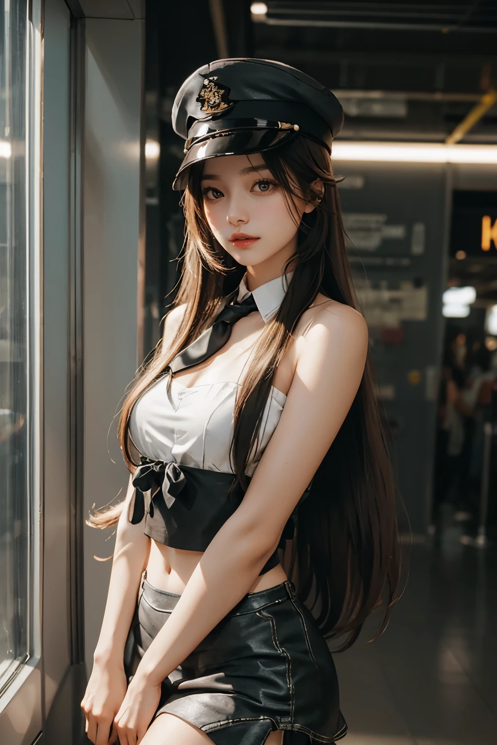 Long straight parting hair, hair bang, pilot hat and tie, tube top, mini skirt, in airport, gentle light, phosphorescent, studio light, best quality, masterpiece, 8k, detailed