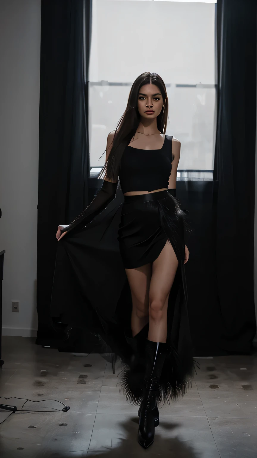16 thousand., Hyper realistic quality, masterpiece, 1 girl, Chinese, The girl looks like Linda Evangelista in her youth, Anerexic slim model, long straight dark hair, Hair develops, The girl is standing, looks straight at us, ( (black top, with ostrich feathers) ), floor-length maxi skirt, dark suede stocking boots, Studio photography on white background, fashion photography, soft shadows, backlight, Fill light, Background light, key light, Monochrome photographs, grain, photographic quality, cinematic quality.