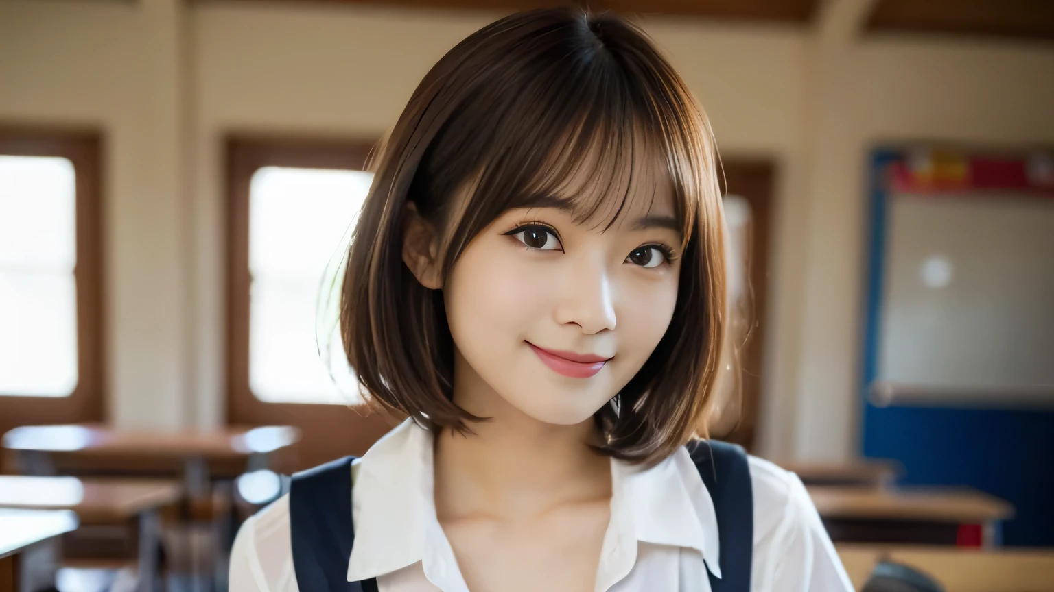highest quality, table top, ultra high resolution, (Photoreal: 1.4), Front view, Half body, famous japanese actress, revealing clothing, very beautiful woman, cute, nice smile, Cinematic 35mm lens, f/1 .8, accent lighting, 8K, room, Beautiful double eyes with equal left and right eyes, masterpiece, highest quality, Excellent_Mikoto, brown eyes, Look at viewers, 一人in, short_hair, closed_mouth, 見Excellentげる_in_viewer, School_uniform, open button school uniform, chestの谷間を見る, small_chest, classroom、japanese lace bra, laughter、、full body shot