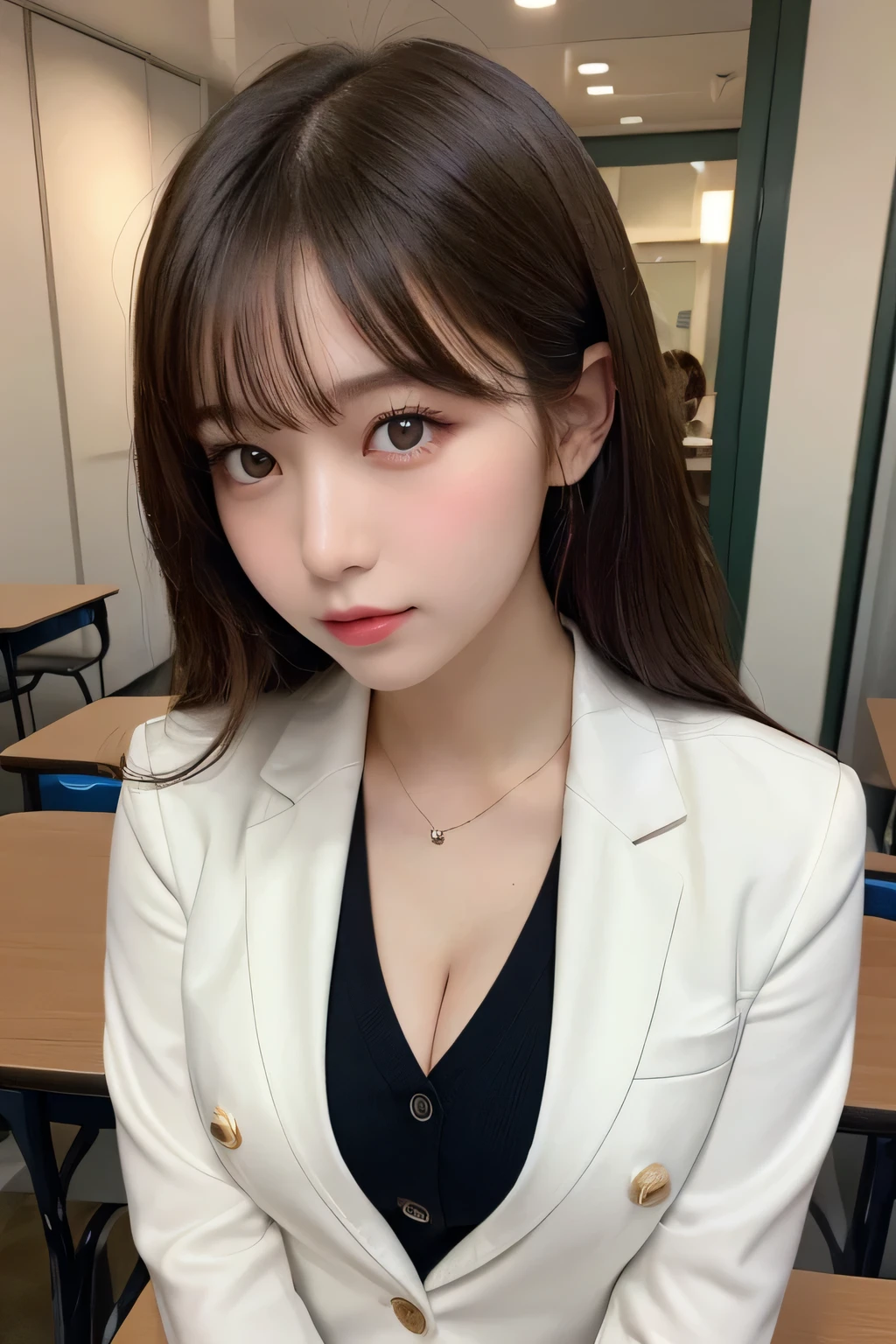 table top, highest quality, shape, Super detailed, finely, High resolution, 8k wallpaper, 完璧なダイナミックな構shape, beautiful and detailed eyes, natural lip,blazer ,school uniform, cleavage, whole body
