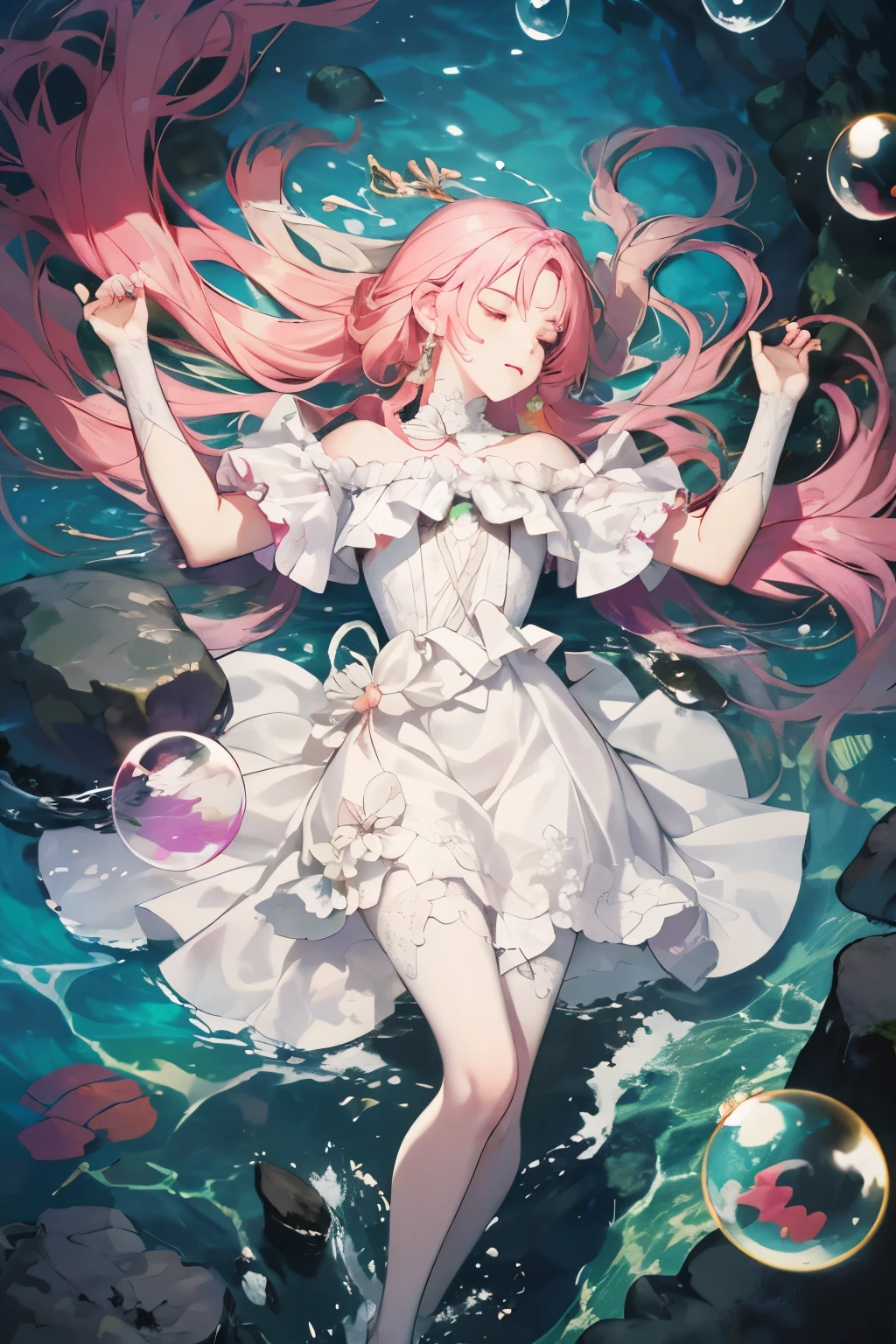 （（upscale，16k，masterpiece：1.3）），（beautiful woman，，Sleep at the bottom of the sea，dark ocean landscape，white dress），pink and green，colorful，flowing hair，(high saturation),(colorful splash),Colorful bubbles,(shining)，Lying on a large rock
