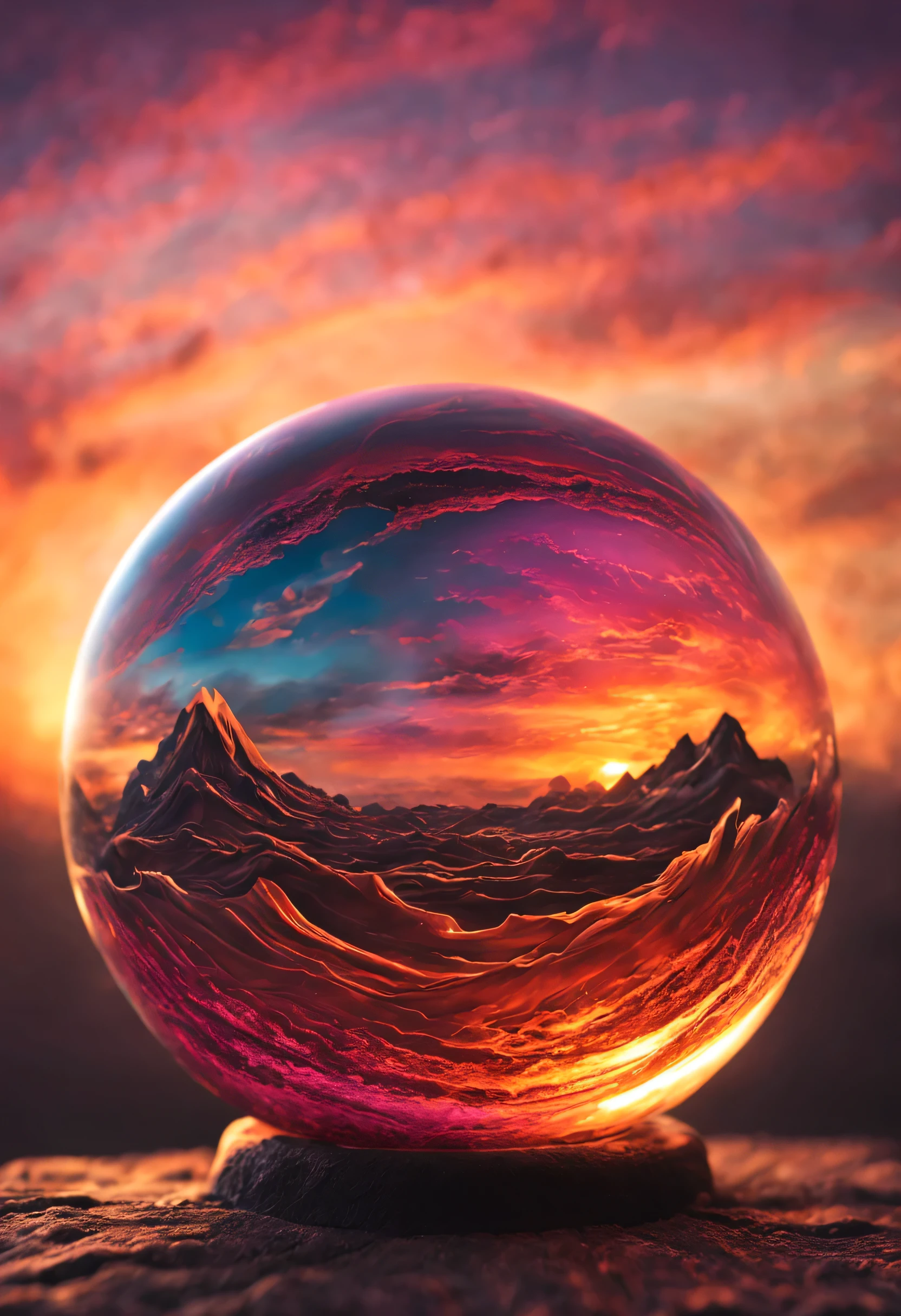 a magnificent sunset on a strange and mysterious alien glass sphere style planete. It's very textured and detailed with dreaming lot of whirlwind and dreaming dust