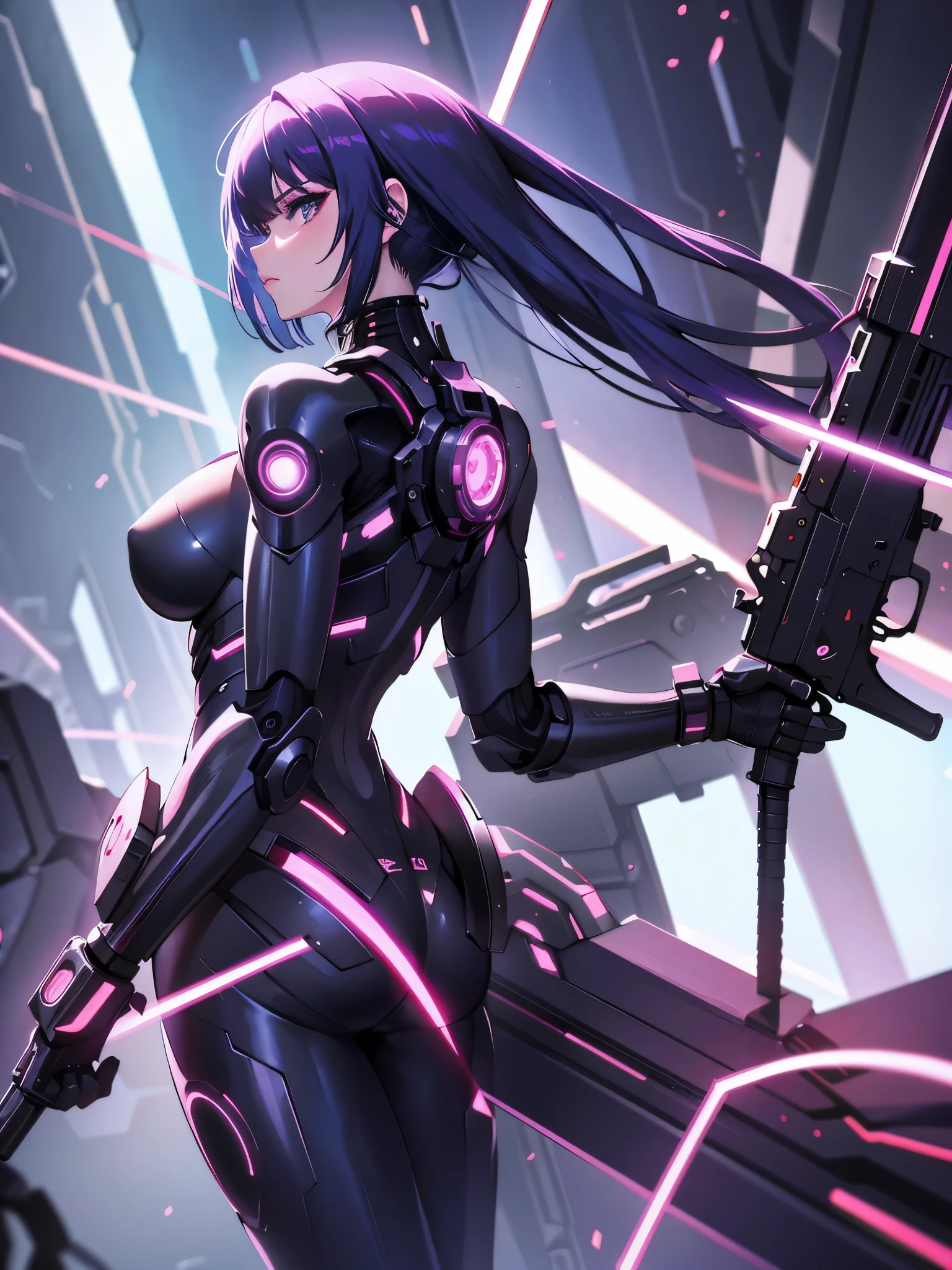 NSFW,side shot,adult Cyborg on Female NSFW,Cyberpunk,cinematic scene,Mechanical body,erotic posing,fantrome,Hentai,kawaii MILF,Stylish,,busty,Glamour,Psychedelic Costume,Armored,Cyberpunk dystopian girl,Fantastic Dystopia,Dystopian landscape,bladerunner,Ghost in the Shell,Photorealistic,Psychedelic and colorful tones,Posing,Armed,guns,arma,masutepiece,ultimate detailed,8K,Detailed background