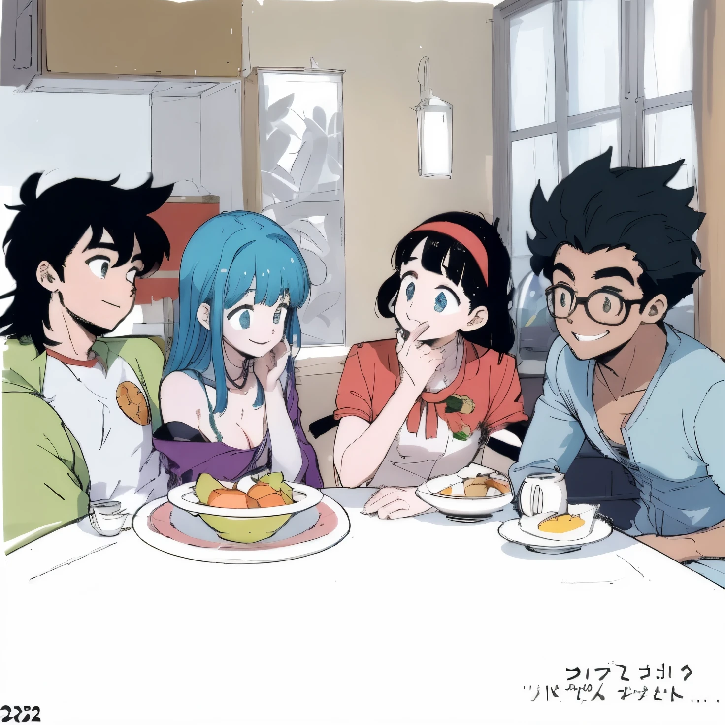 Personagens de anime sentados em uma mesa com comida e bebidas, estilo anime 2d, lunch time on uranus, 8 0 s estilo de arte anime, por Kobayashi Kiyochika, Estilo de arte de anime dos anos 90, in the art style of 80s anime, fanart de alta qualidade, humanizado, por Eizan Kikukawa, Estilo anime dos anos 80