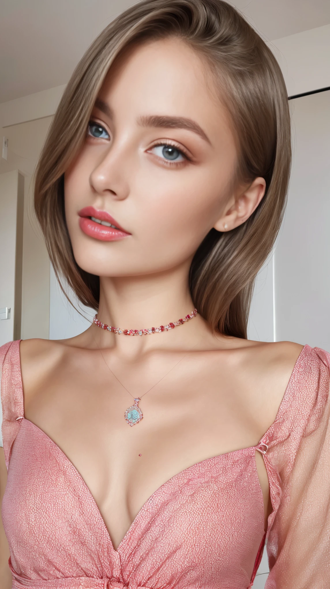 ViktoriaTishko, focus on eyes, close up, wearing jewelry, brown blond hair, small breast, wearing pink silk drees, red lipstick, detailed pastel red skin,