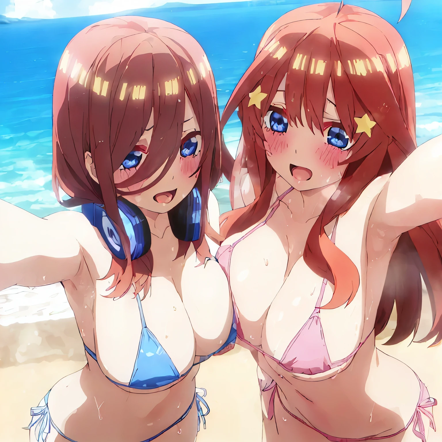 2 girls, only 2, 1 girl, Miku Nakano, medium brown hair, blue eyes, blue headphones around the neck, blue bikini, blue bra, blue thong, large breasts, medium waist, wide hips, medium thighs, embarrassed, open mouth, pulling out tongue, seductive, 1girl, Itsuki nakano, medium red hair, star decorations on both sides of the head, pink bikini, pink bra, pink thong, big breasts, medium waist, wide hips, medium thighs, embarrassed, open mouth, taking out tongue, seductive, excellent hands, excellent anatomy, standing, beach, sunny, sunset