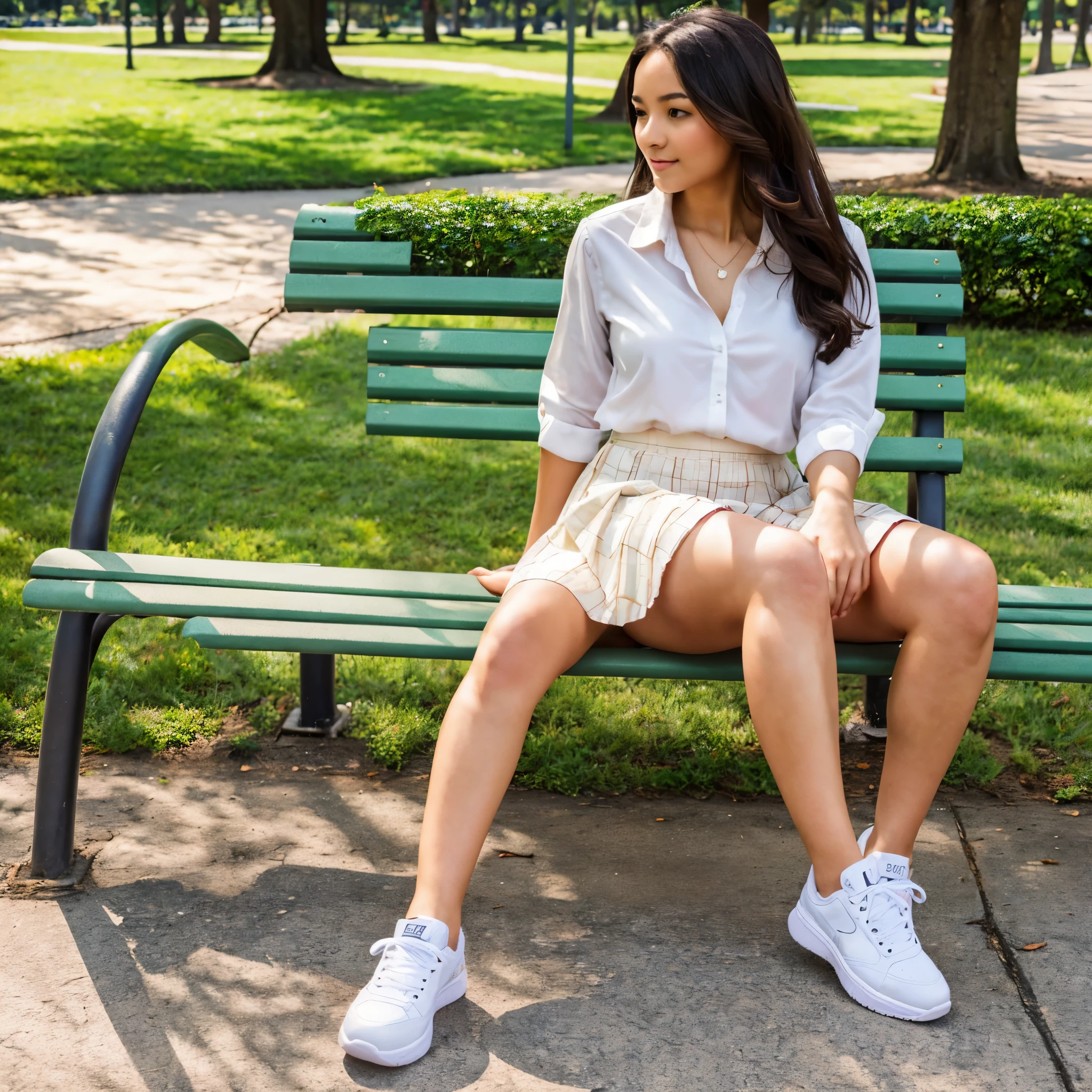 Young woman, three legs, extra legs, sitting on park bench, loose skirt, blouse, sneakers,