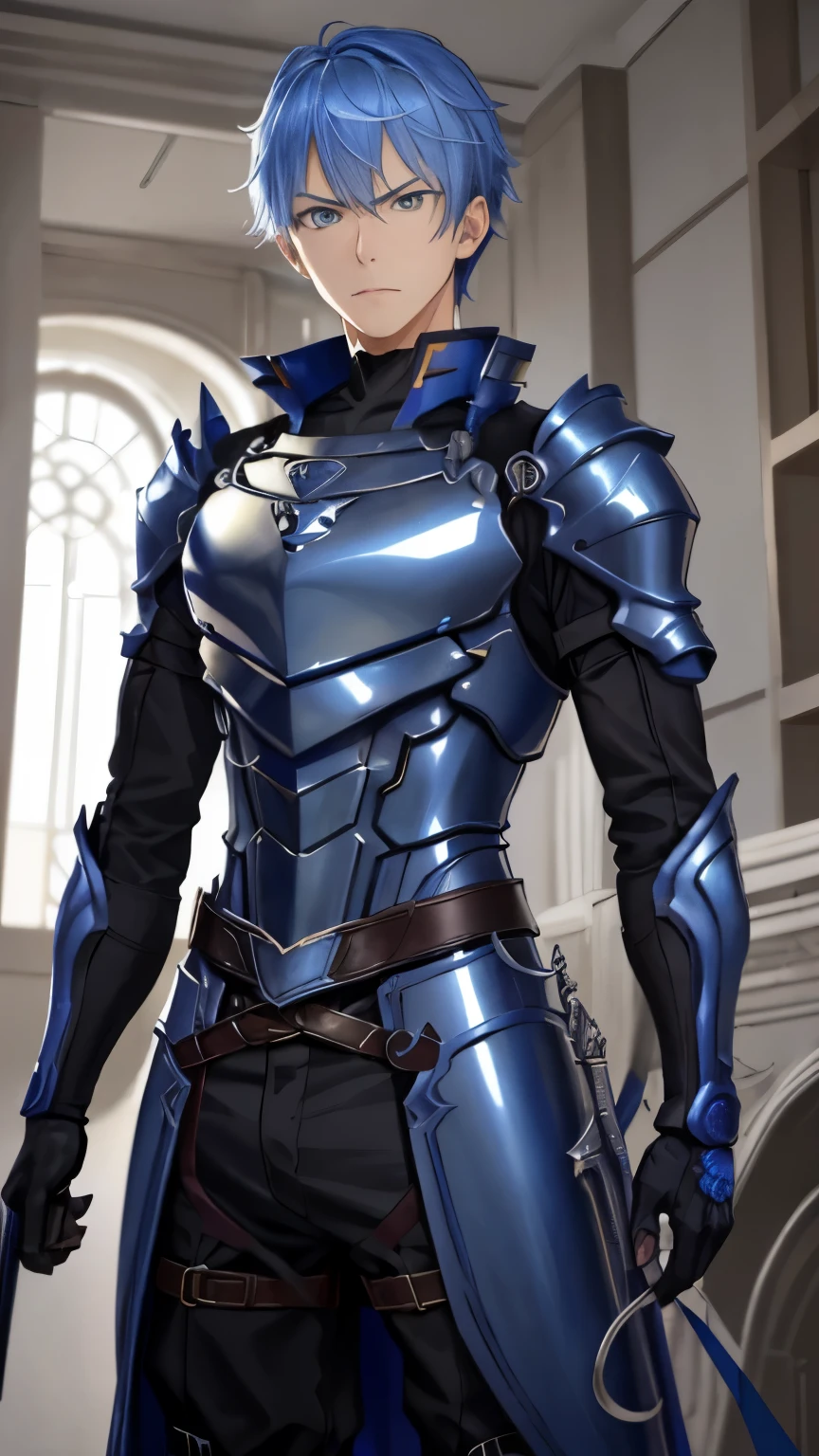 （1 Adult male），A high resolution， Sharp focus， Pixiv masterpiece， （（Complicated details））， highly  detailed， natsuki_subaru， 1 man， The expression is serious，full bodyesbian， blue colored eyes（eyes glowing）， blue short hair，Blue armor，Wear arm guards，Wear a belt，perspire，look from down