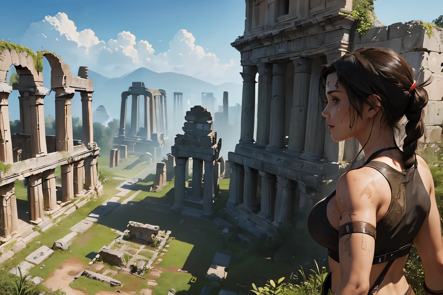 (((landscape of ancient civilization ruins))), there was a beautiful young explorer girl standing in the distance, ((wearing a tomb raider outfit))