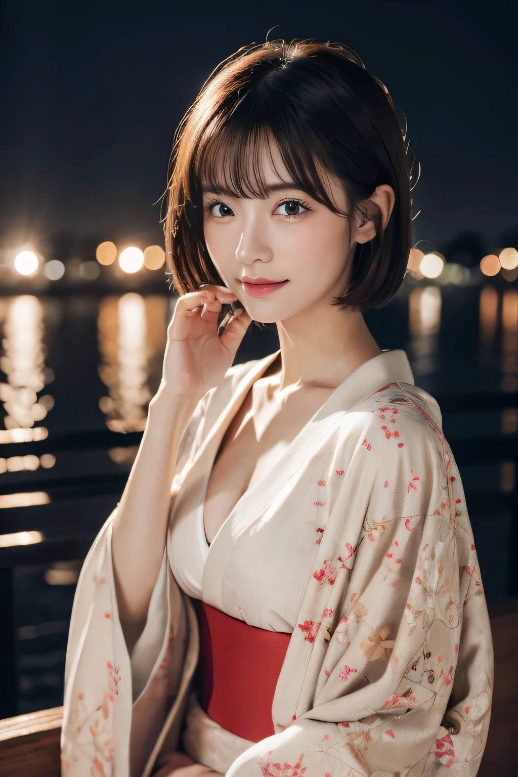 (8K、RAW photography、highest quality、masterpiece:1.2)、(realistic、Photoreal:1.37)、ultra high resolution、1 girl、cute、alone、night、sitting、date、(nose redness)、(laughter:1.1)、(closed)、big breasts、beautiful eyes、(short hair:1.2)、(((fireworks filling the sky、night)))、(((kimono、Yukata)))、cleavage、perfect body、perfect fingers、professional lighting、japanese goddess、gravure、Detailed face and skin texture、fine eyes、RAW photo