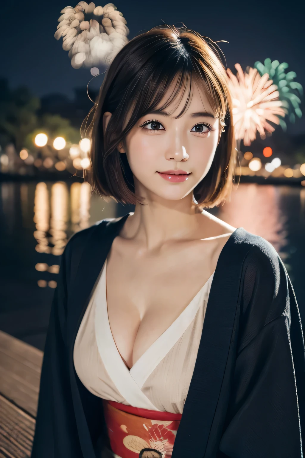 (8K、RAW photography、highest quality、masterpiece:1.2)、(realistic、Photoreal:1.37)、ultra high resolution、1 girl、cute、alone、night、sitting、date、(nose redness)、(laughter:1.1)、(closed)、big breasts、beautiful eyes、(short hair:1.2)、(((fireworks filling the sky、night)))、(((kimono、Yukata)))、cleavage、perfect body、perfect fingers、professional lighting、japanese goddess、gravure、Detailed face and skin texture、fine eyes、RAW photo