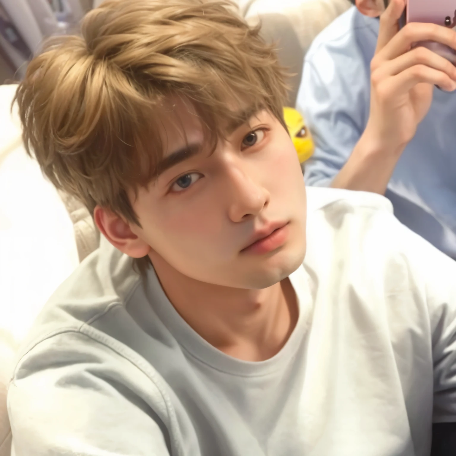there is a young man sitting on a couch with a cell phone, cai xukun, jungkook, jeon jungkook, jungkook jeon, kook jung, jungkook jeon, wan adorable korean face, jeon jungkook, jinyoung shin, sakimichan, ten lee, mrbeast, shin jeongho, young wan angel, mr beast, profile pic