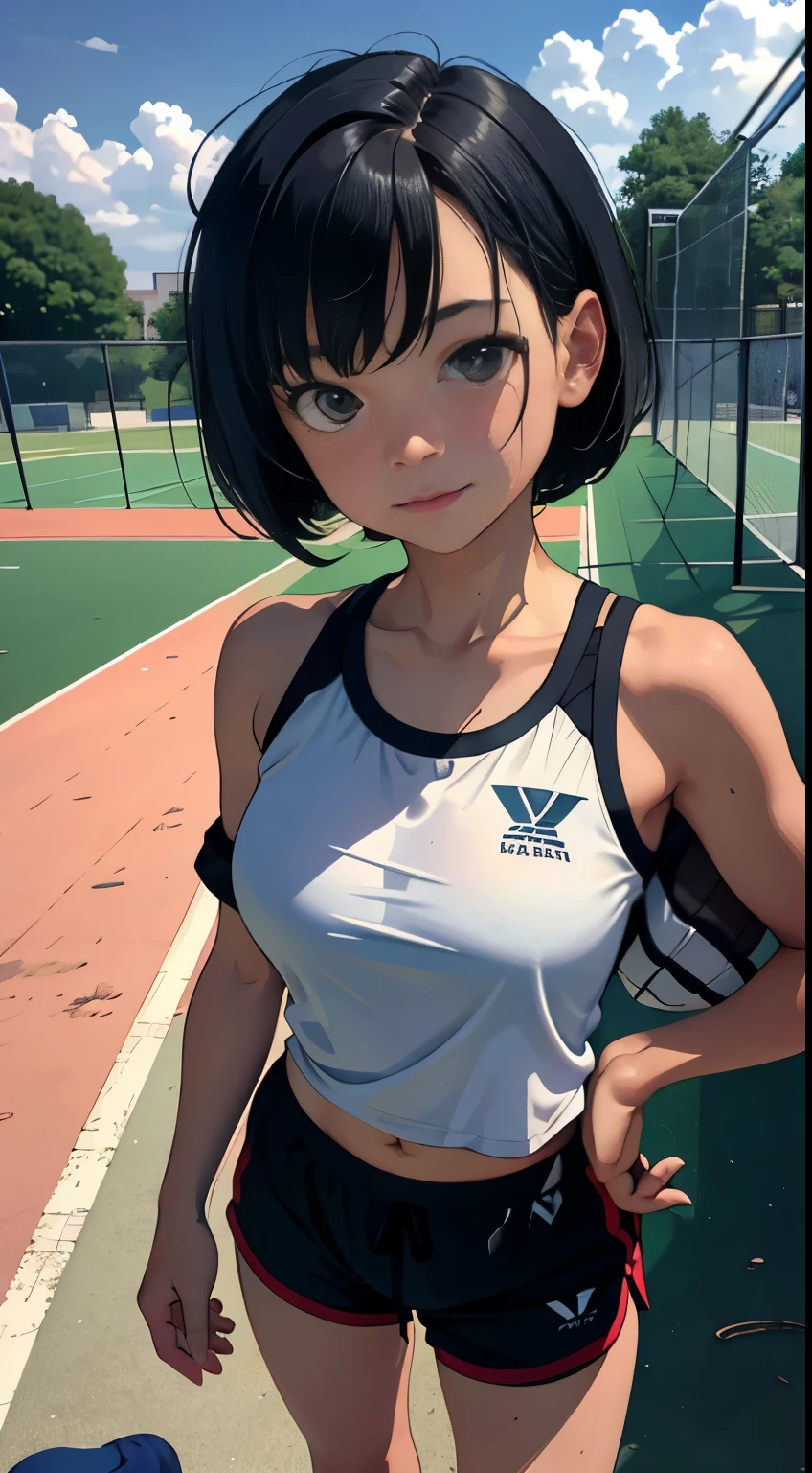 best quality，master piece，top down view，1 girl，，，with short black hair，big breasts beautiful，looking at the viewer，smile，tracksuit，jogging，off shoulder outfit，breathe in，frown，sweat shorts，play sports often，bust photo，sports late，School playground