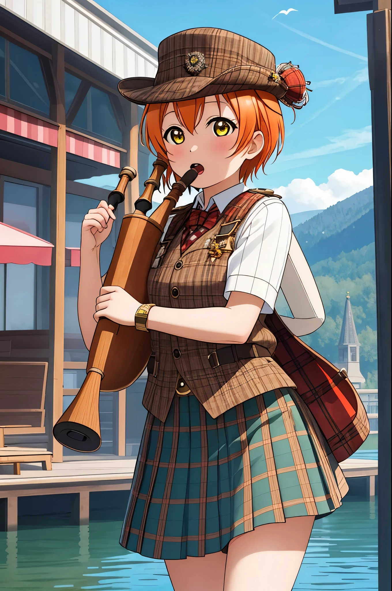 masterpiece, best quality,(hoshizora rin:1.000), cowboy shot,yellow eyes, orange hair,Loch Ness，Red bagpiper hat，Blowing bagpipes，Red tweed skirt