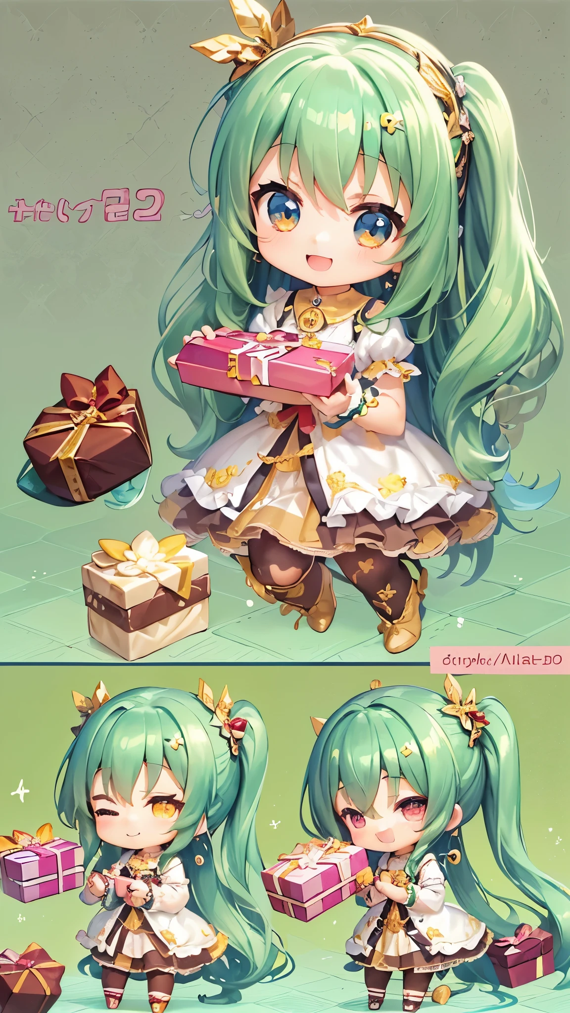 ((nendoroid:1.3, chibi)), ((give Chocolate sweets gift wrapping present wrapped in wrapping paper to other)) (a ponytail green hair long hair cute girl, 14 yo, cute yellow eyes, love smile, blushing, in a cute dress), break, perfect anatomy, masterpiece:1.2, best quality, 8k, beautiful detailed grow, daydreaming expression.