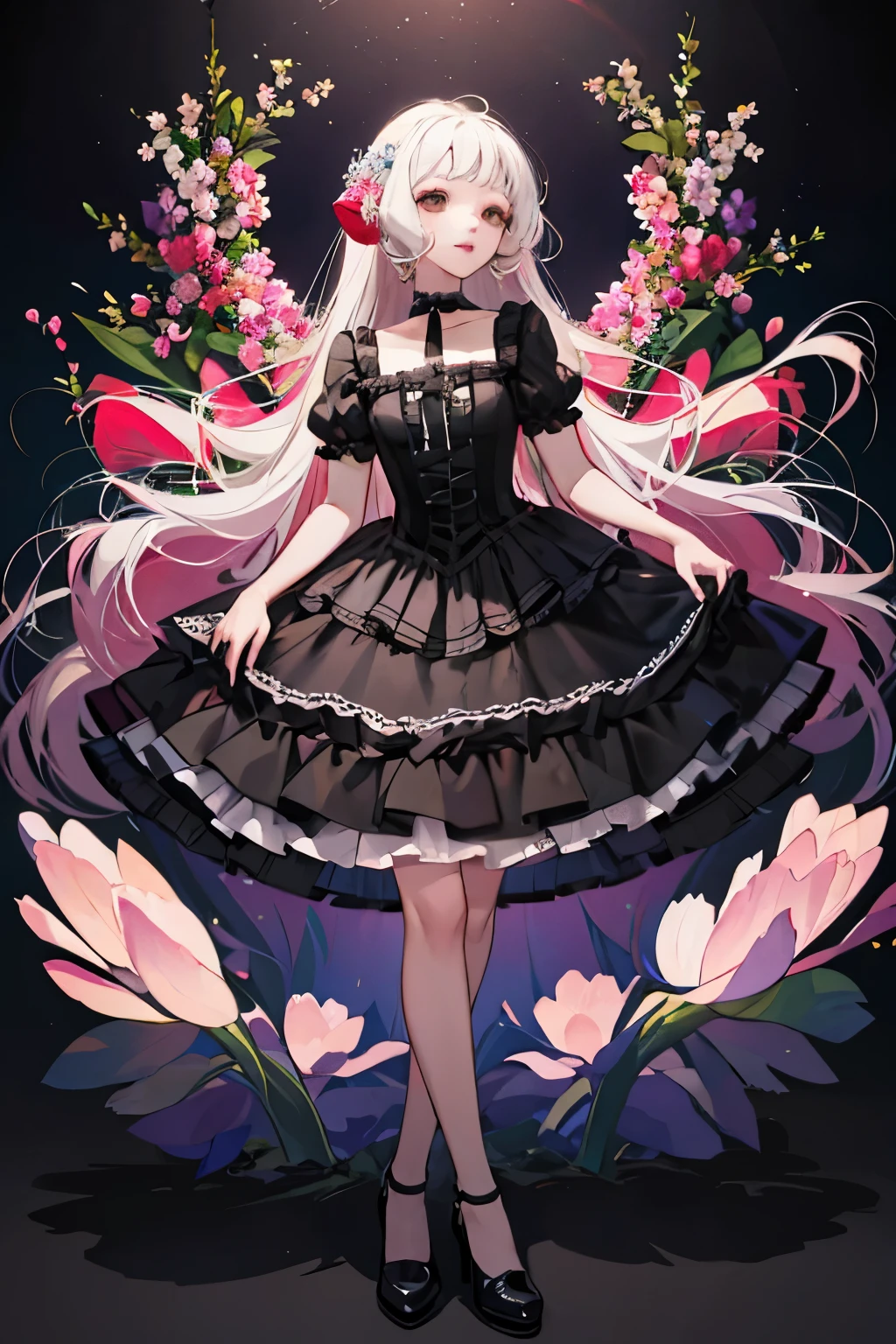 masterpiece, best quality,1 girl,gothgirl,Ruffle dress 8k,high resolution, ( flower_styler:1.2)(rainbow-candy:1.2)