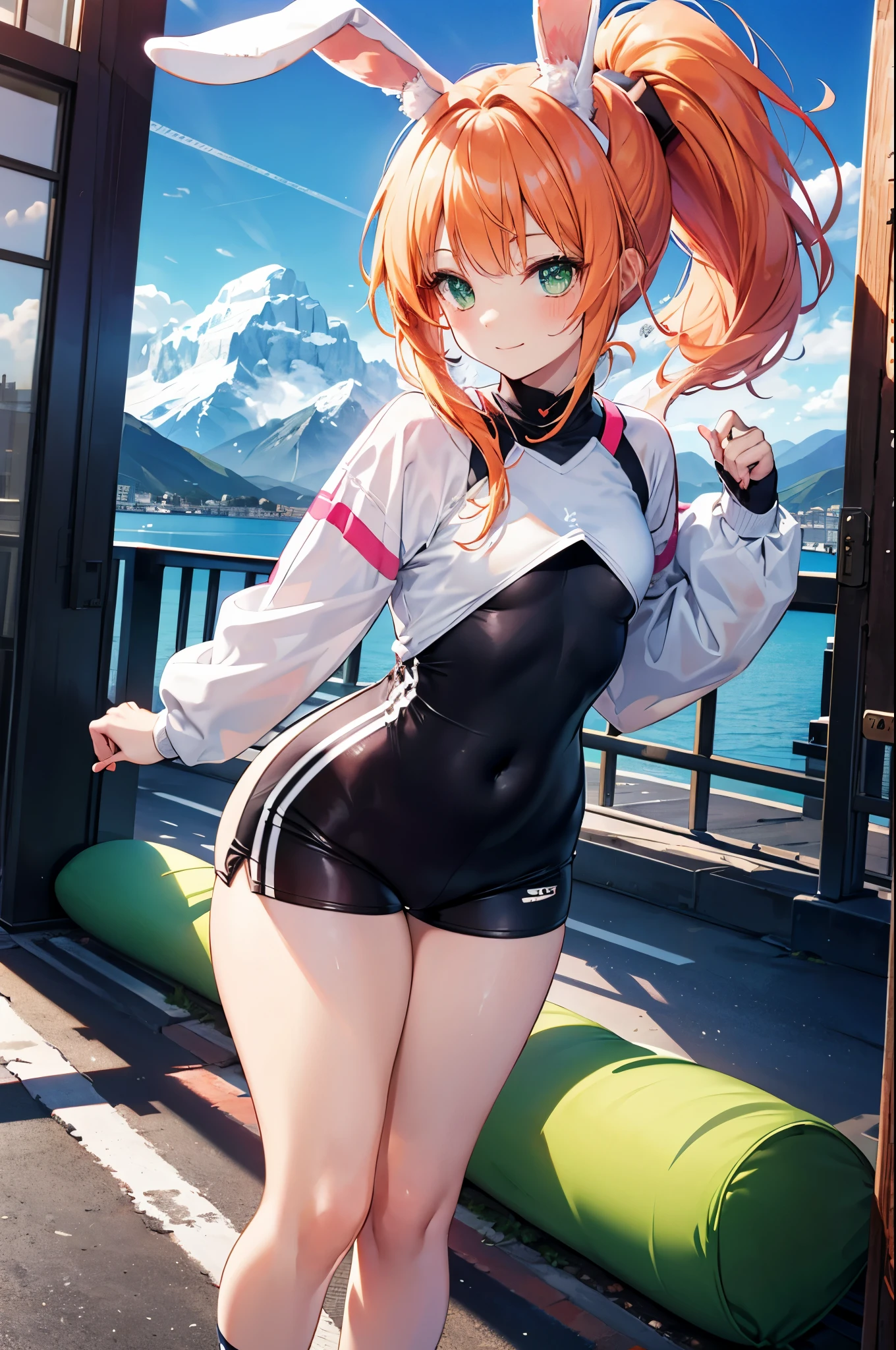 realistic image, coherent image, detailed image, 1 beautiful girl, She has orange hair, long, silky hair styled with a heart-shaped ponytail, green eyes, she has bunny ears, a bunny tail, her face is oval and delicate , smiling shyly. She is wearing a long sleeved top, mini shorts, sneakers. She has a curvy body, small breasts, thick thighs, view from behind, surrounded by mountains, windy day,