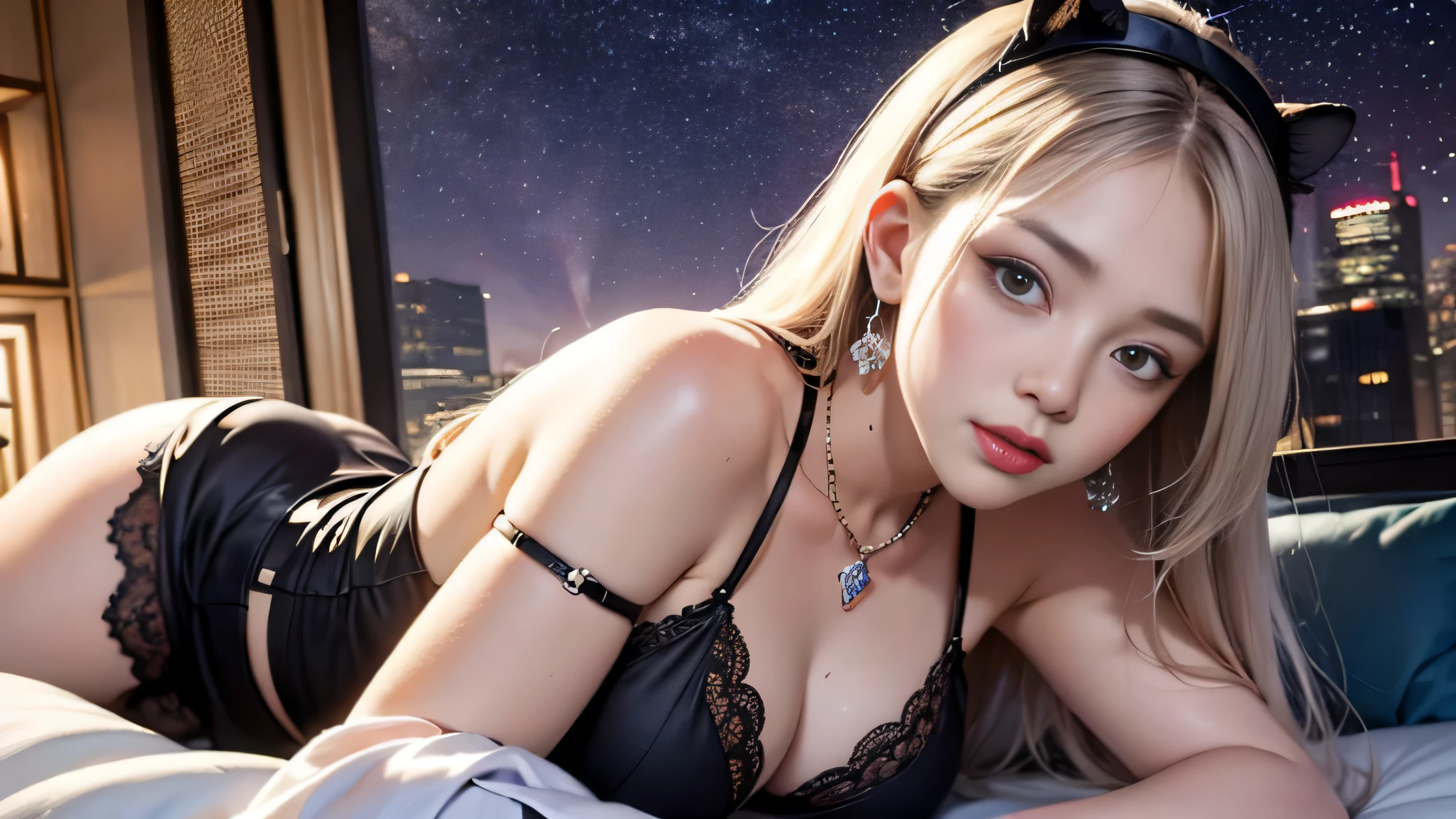 (woman lying on bed and wearing)realistic, High resolution, 1 female, alone, hip up, show viewer, (detailed face), gray hair, long hair, (Maid clothes), jewelry、)(off shoulder)、((no skirt))、(panty shot)((you can see her black lace panties))((close your eyes))、(sexy pose)(There's a starry sky outside the window、I can see the Milky Way)、