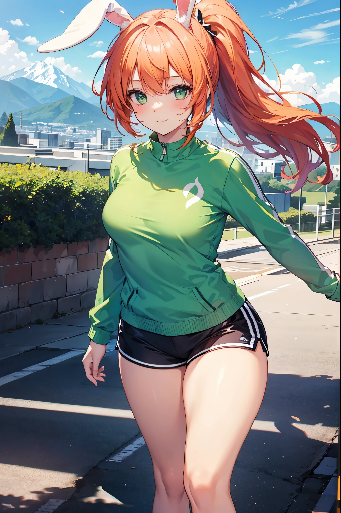 realistic image, coherent image, detailed image, 1 beautiful girl, She has orange hair, long, silky hair styled with a heart-shaped ponytail, green eyes, she has bunny ears, a bunny tail, her face is oval and delicate, smiling shyly. She is wearing a long sleeved top, mini shorts, sneakers. She has a curvy body, small breasts, thick thighs, surrounded by mountains, windy day