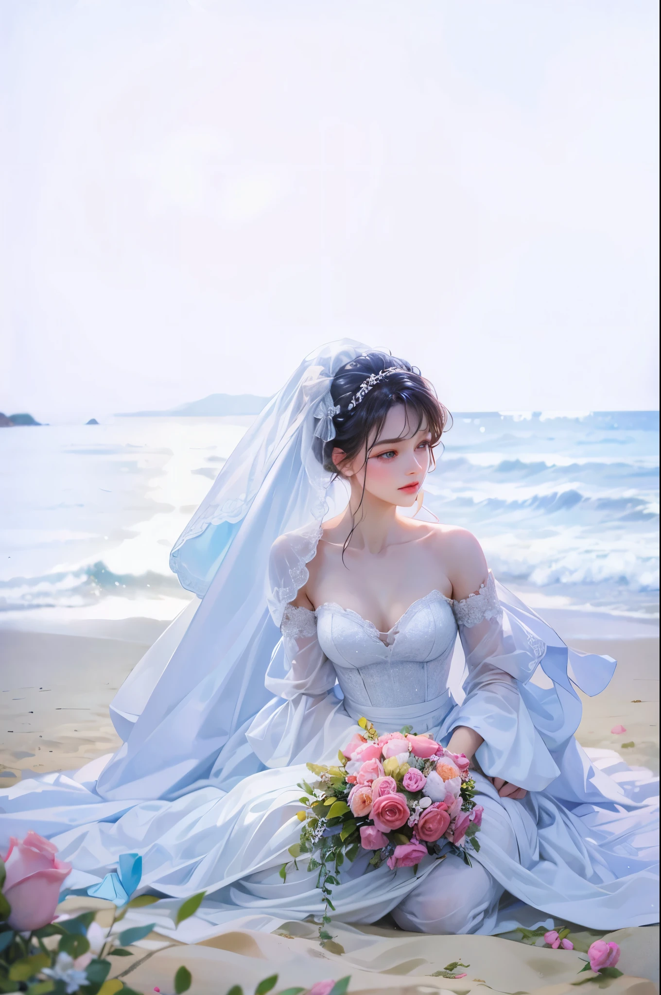 Absurdres Masterpiece pastel colors high quality picture of a bride sitting in the sand beach looking at the sea with a bouquet of colorful roses detailed scenery 