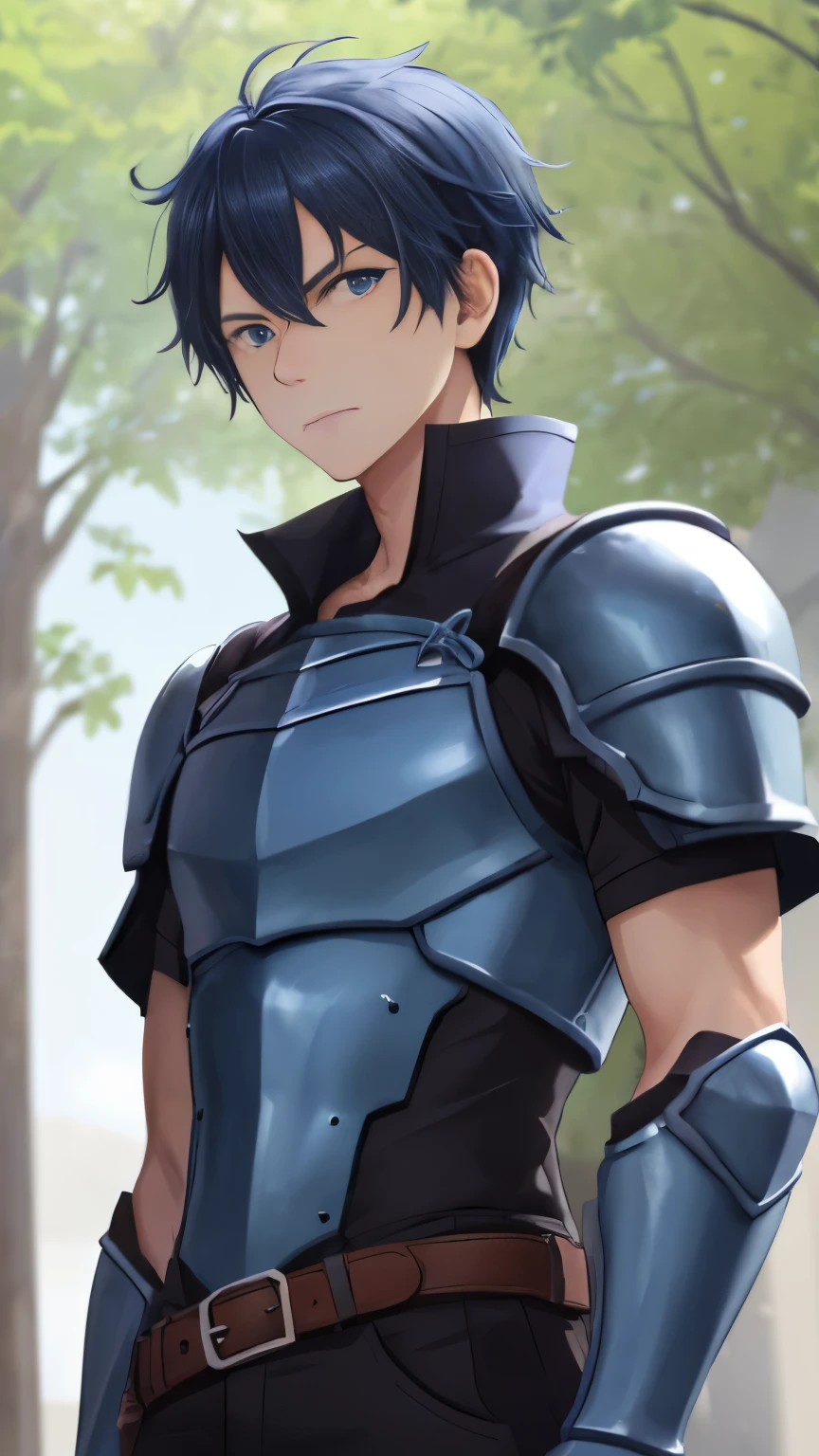 （1 Adult male），A high resolution， Sharp focus， Pixiv masterpiece， （（Complicated details））， highly  detailed， natsuki_subaru， 1 man， The expression is serious，full bodyesbian， blue colored eyes（eyes glowing）， blue short hair，Blue armor，Wear arm guards，Wear a belt，perspire，look from down