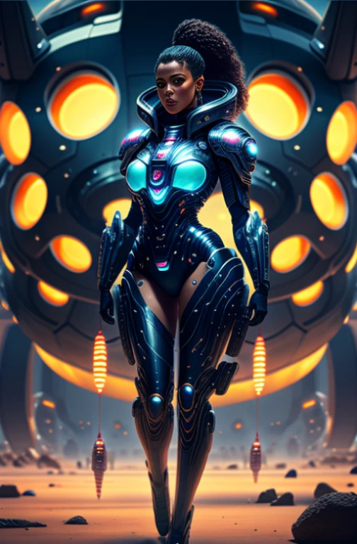 In a Blade Runner style world, a beautiful cyborg woman reigns supreme. Her full body portrait showcases her athletic physique and intricate facial details, while the background of an alien planet adds an otherworldly element. The glowing space craft and shiny spaceship in the distance only add to the futuristic feel of this stunning image.