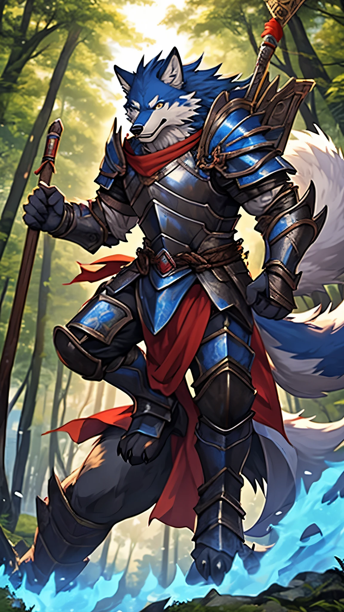 Blue-white fur wolf, wearing armor, charismatic gaze, supernatural powers, forest, fight, best quality, carrying Indonesian flag, detail background, detail fur, furry