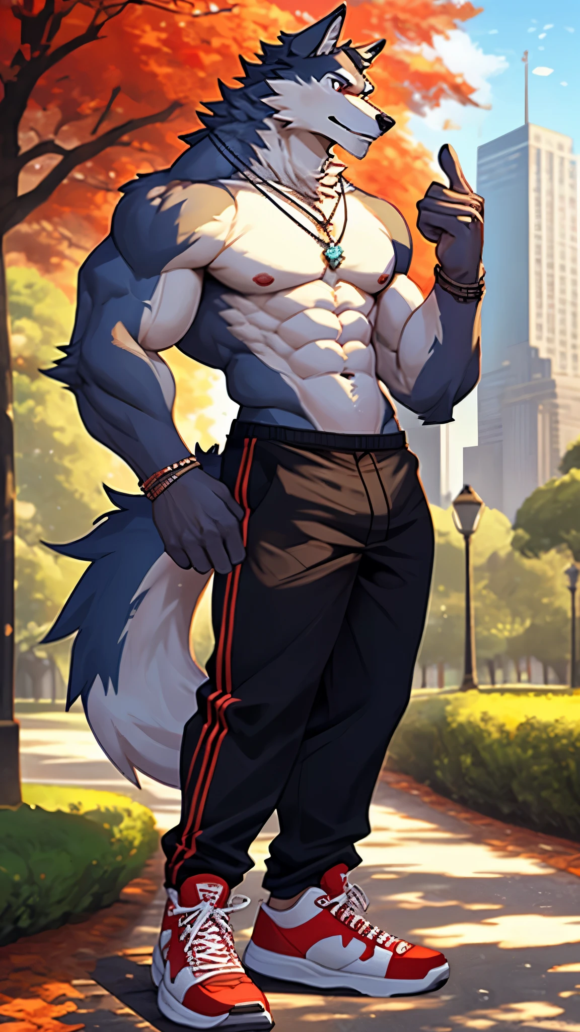 Red and white fur wolf, standing, muscular, without clothes, City Park, necklace, best quality, detail background, detail fur, furry, topless, long pants, Jordan shoes, 2 finger pose