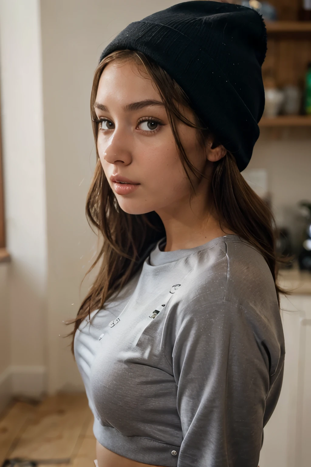 brunette teen with silicon breasts wearing a pair of sweatpants and a beanie but no top or bra, portrait sophie mudd, thick neck, 19 year old female model, latina, angelawhite, violet myers, 22 years old, 21 years old, profile image, italian, italian latina, Alycia Debnam-Carey, hazel eyes, realistic, post-processing, maximum detail,