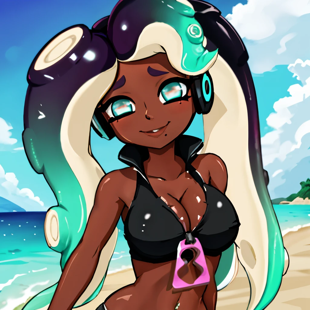 1girl,marina,octoling, dark skin, tentacle hair, shiny skin, large breasts, ((beach)), , smile, long hair, cleavage