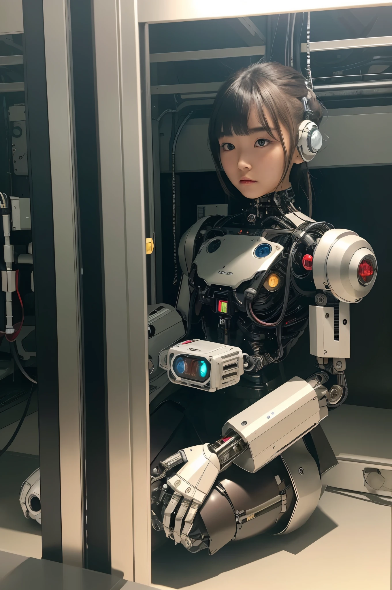 masterpiece, best quality, extremely detailed, Japaese android girl,Plump , control panels,android,Droid,Mechanical Hand, Robot arms and legs,Blunt bangs,perfect robot girl,long tube,thick cable connected her neck,android,robot,humanoid,cyborg,japanese cyborg girl ,future laboratory,robot laboratory,maintenance,connecting a cable between the legs,skirt, She is charging now,(apologizing:2.0) ,(bowing:2.0)
