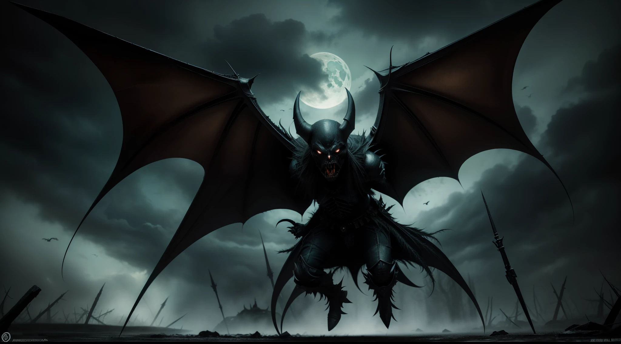 7- Painting of a demonic anthropomorphic bat with wings, volando en la noche, carnificina, Sci - The Art of Horror Fiction, Science fiction horror arts, inspirado em Aleksi Briclot, As presas da carnificina, Horror art in the fantasy genre, Dirigida por: Aleksi Briclot, arte conceitual de terror, veneno, Arte de fantasia e terror, ((lente: 10 mm, panoramica)), Detailed horror illustration, Viridian hues