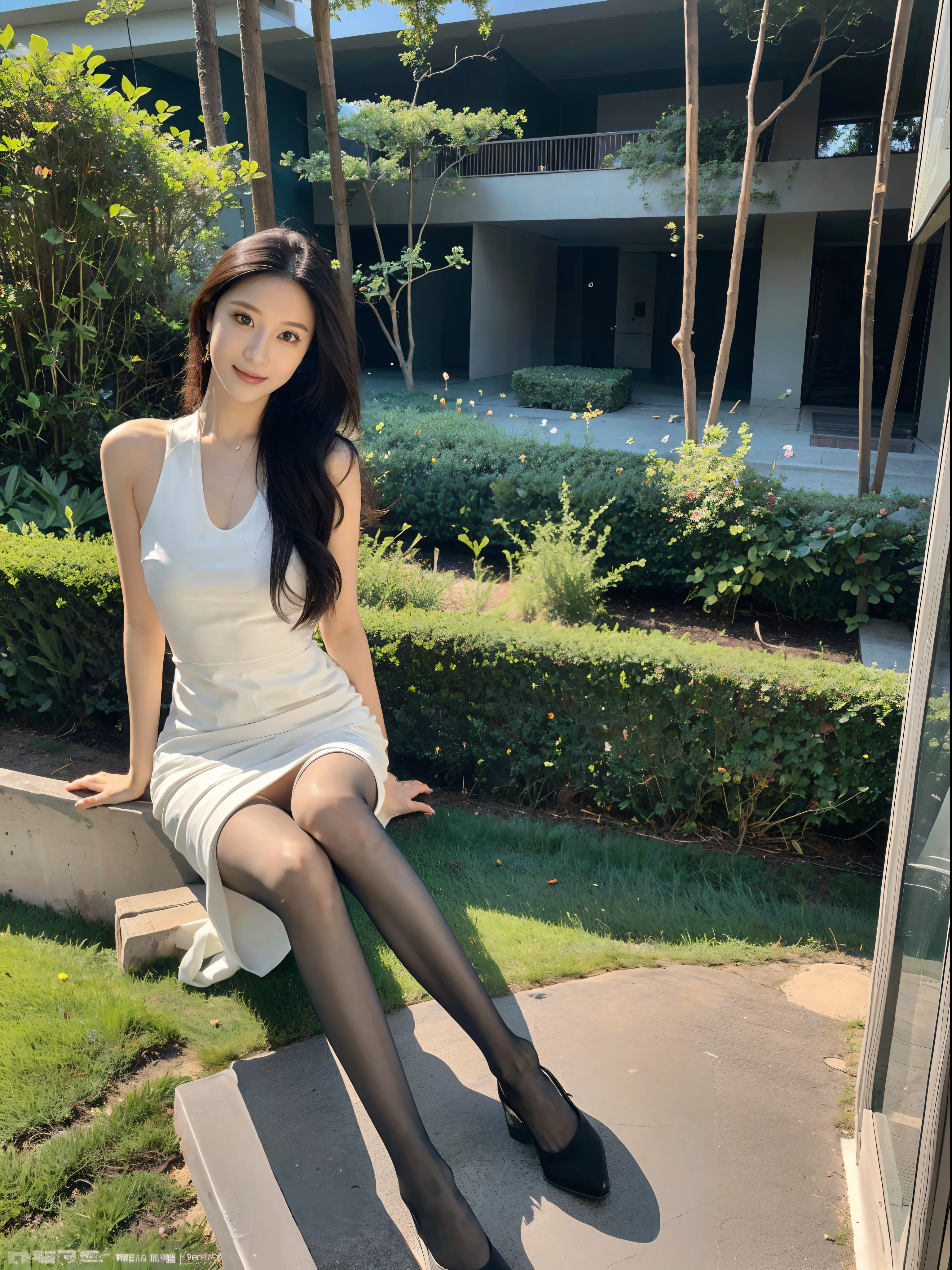 ,masterpiece, best quality,8k, ultra high resolution,Real light and shadow,movie shot,(beautiful eyes:1.1), ((The medium scene is,upper part of body)),dynamic poses,On a green meadow,The gentle goddess comes with gentle steps。She wore a white dress,A gentle breeze blew by,The skirt dances gently。The sun shines through the leaves into her hair,Reflecting her clear eyes and gentle smile。Colorful butterflies dance around her,Flowers bloom at her feet,It was as if nature was cheering for her。black stockings