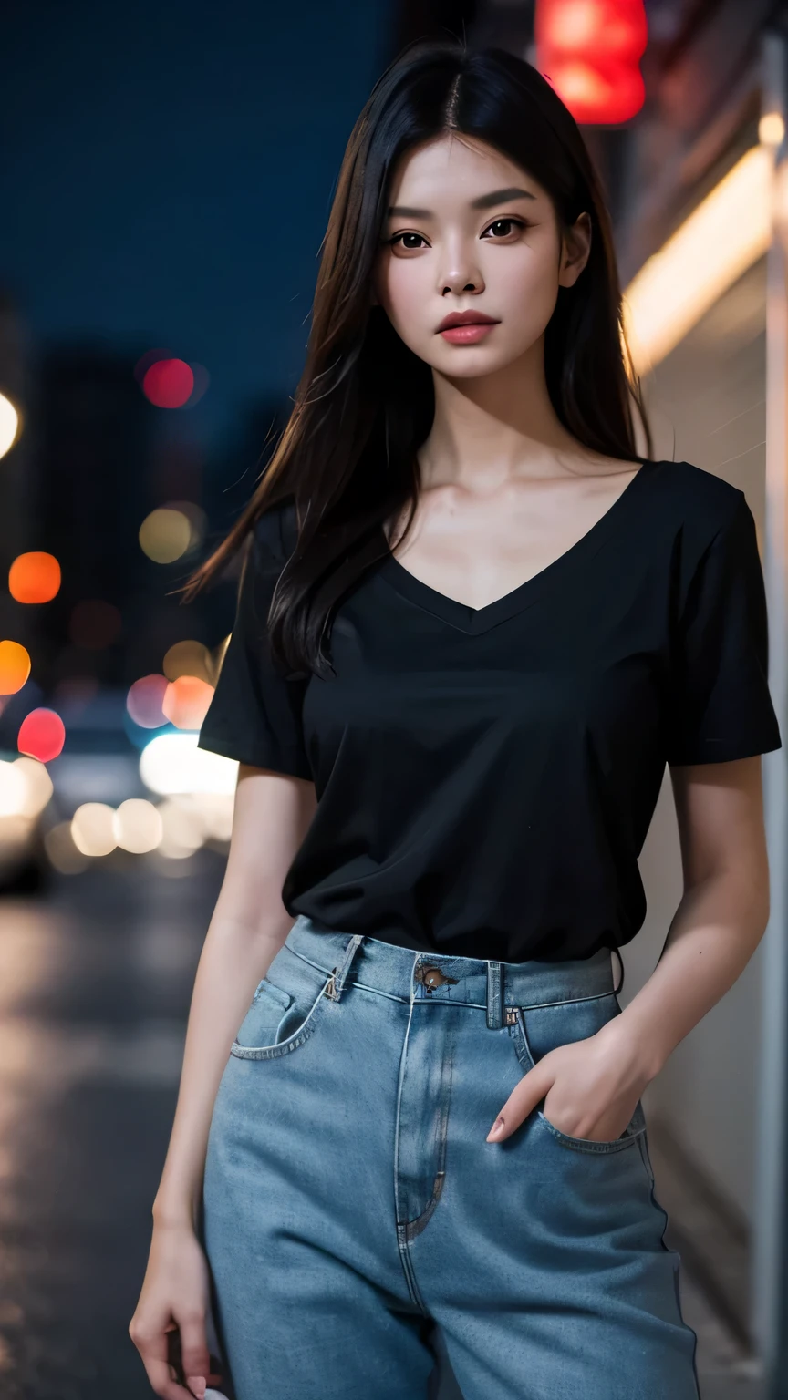 16 thousand., Hyper realistic quality, masterpiece, 1 girl, Chinese, The girl looks like Linda Evangelista in her youth, ((portrait)), Slim Anerexic model, long straight dark hair, Hair flutters, The girl is standing, looks straight at us, Black shirt, Rolled-up sleeves, v-neck, evening city in bokeh in the background, fashion photography, soft shadows, photographic quality, cinematic quality.