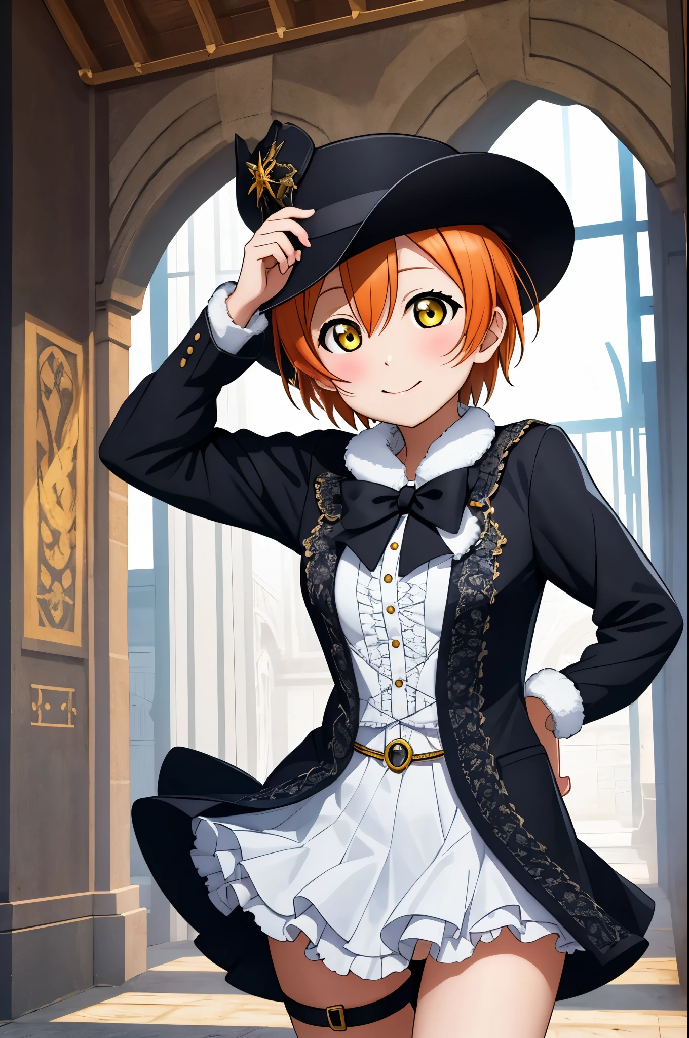 masterpiece, best quality,(hoshizora rin:1.000), cowboy shot,yellow eyes, orange undertaker cosplay,black hat