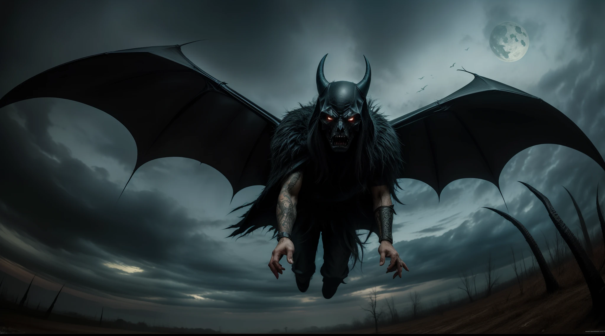 7- Painting of a demonic anthropomorphic bat with wings, volando en la noche, carnificina, Sci - The Art of Horror Fiction, Science fiction horror arts, inspirado em Aleksi Briclot, As presas da carnificina, Horror art in the fantasy genre, Dirigida por: Aleksi Briclot, arte conceitual de terror, veneno, Arte de fantasia e terror, ((lente: 10 mm, panoramica)), Detailed horror illustration, Viridian hues