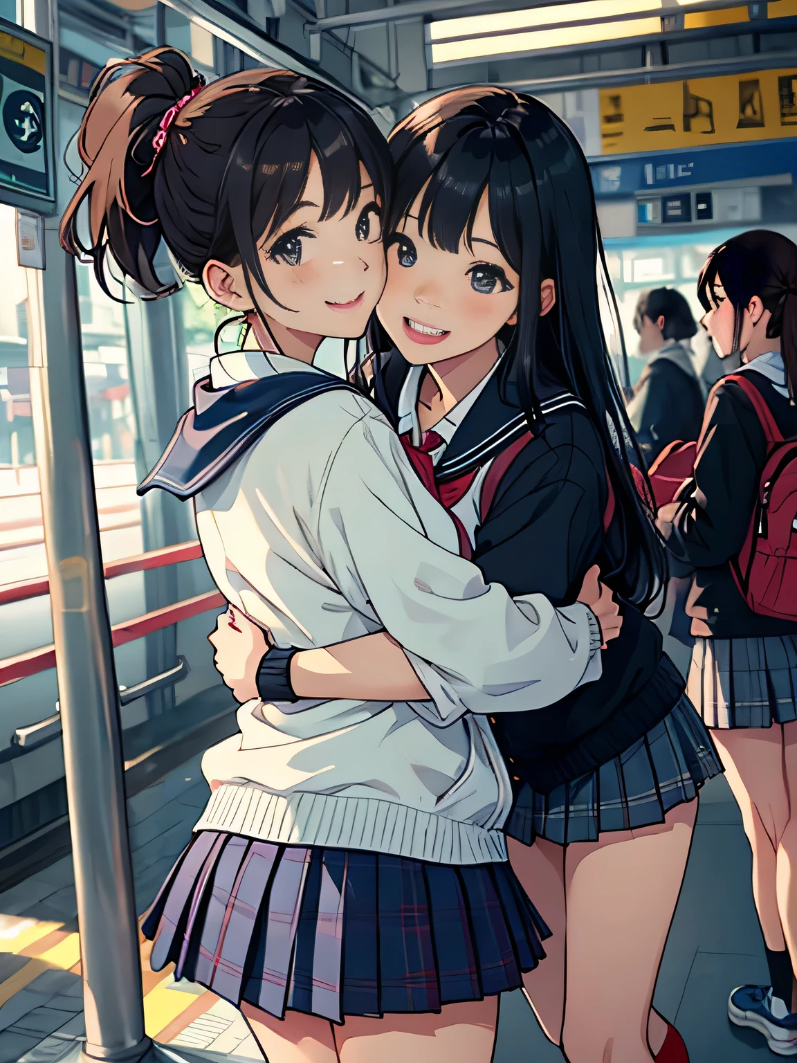 Highest quality、High resolution、Detailed Background、(Beautiful face in every detail:1.4)、Anatomically correct、(Hide your fingers:1.2)、(Detailed facial expressions)、(Detailed eyes:1.2)、Teenage beauty、cute hair color、Braided Ponytail、Braided bob cut、Braided twin tails、Long Hair、well-groomed eyebrows、Perfect body line、Short-sleeved white sailor suit、White sailor collar、Checkered pleated mini skirt、White Stockings、In a joking manner、A fun atmosphere、A big smile、smile、Embrace each other、Cute gestures、(Two beautiful girls waiting for a train on the station platform)、cute