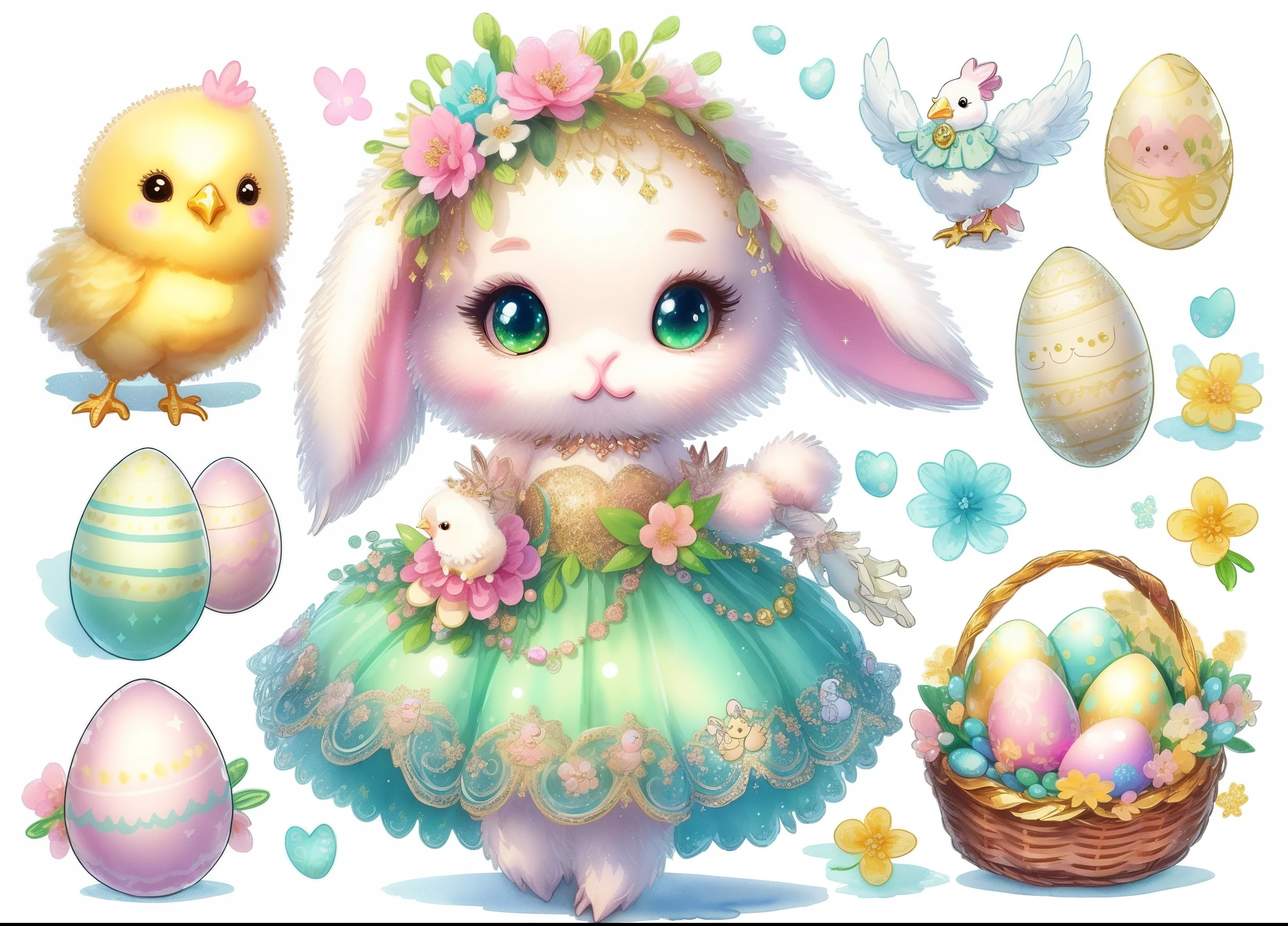 A spring glitter watercolor character, a cute beautiful Easter BUNNY ***********, In a spring luxurious shiny dress, is guarding a basket of Easter eggs. I'm glad to see a cute chicken with a sign saying "Happy Easter". landscape drawing in shades of creamy green-light pink- azure yellow spring color scheme, very cute, clipart isolated in the background, intricate jewelry with gold sequins, HUGE CUTE EYES in GREAT DETAIL, illustration from a storybook, more detailed, more elements, more elements of the scene, isolated on white background, clipart clipart isolated in the background