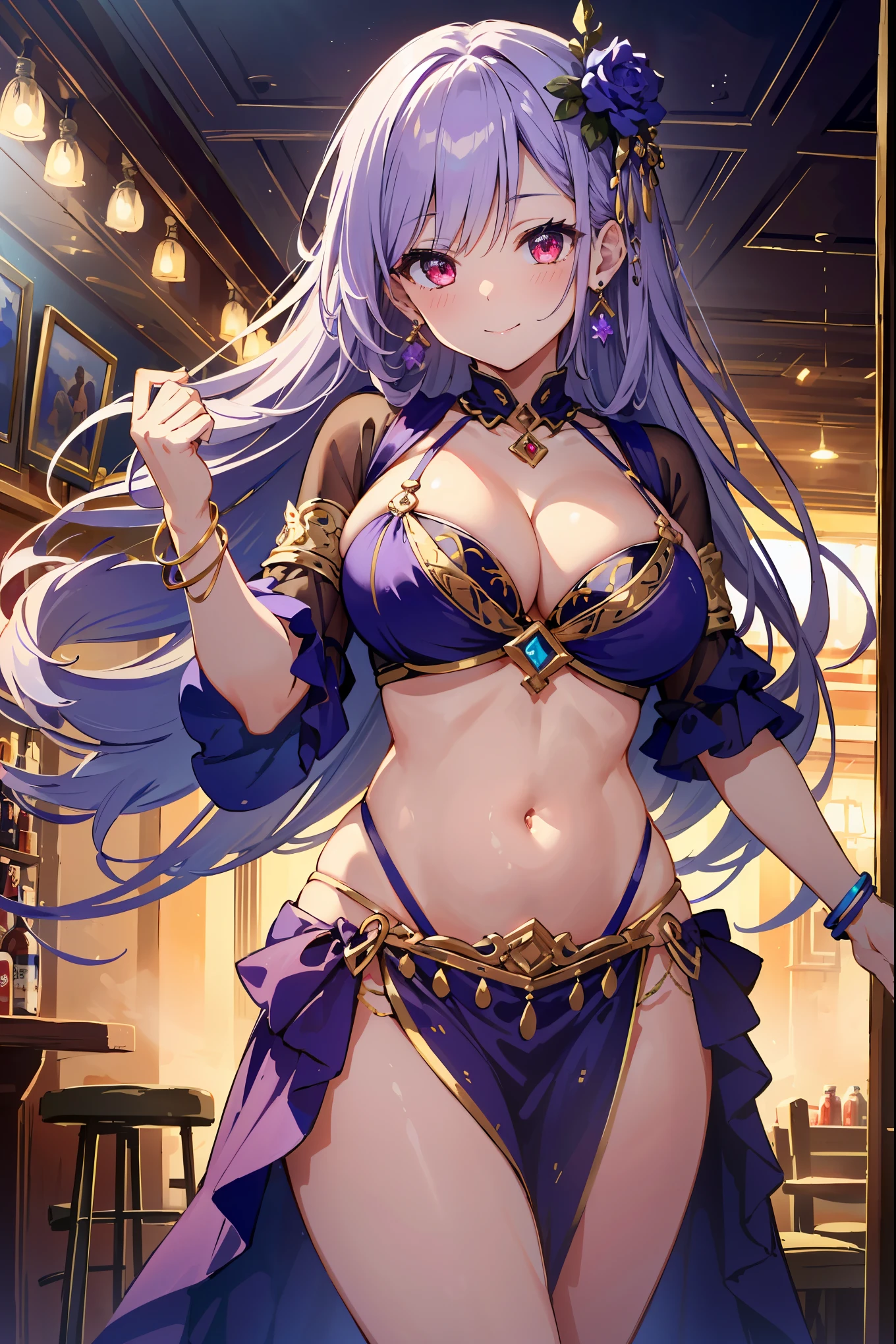 high quality, ultra detailed, best quality, insanely detailed, beautiful, masterpiece, 1girl, belly dancer, bar, cowboy shot, red eyes, long hair, light purple hair, harem outfit, bikini, pelvic curtain, purple costume, bare legs, hair ornament, earrings, armlet, bracelet, bashful smile, dancing, large breasts, cleavage, soft stomach