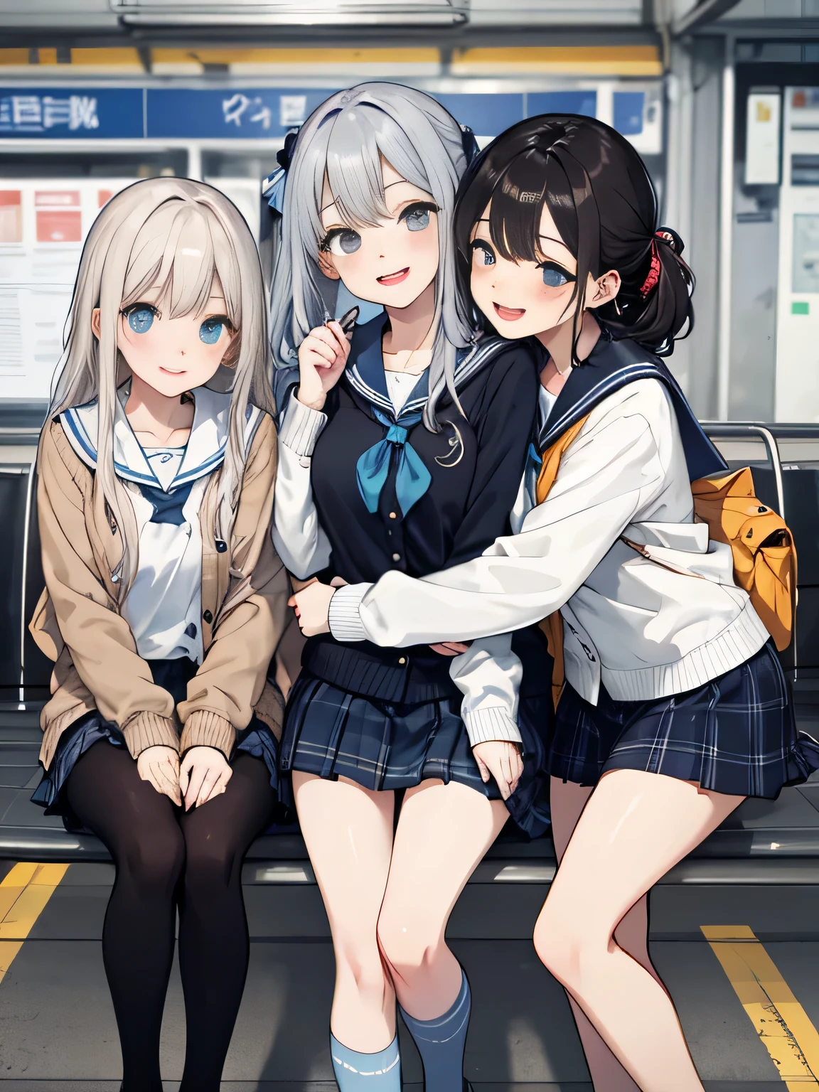 highest quality、High resolution、detailed background、beautiful and detailed face、beautiful and smooth skin、skin texture、professional lighting、Beautiful  girl、(three women),Cute hairstyles such as ponytails、Cute colored sailor suit、Cute school cardigan in pastel colors、Plaid pleated mini skirt、knee high socks、on the way to school、Wait for the train at the station platform、laughter、smile、sexual expression、show your whole body、playfully hug、laughter