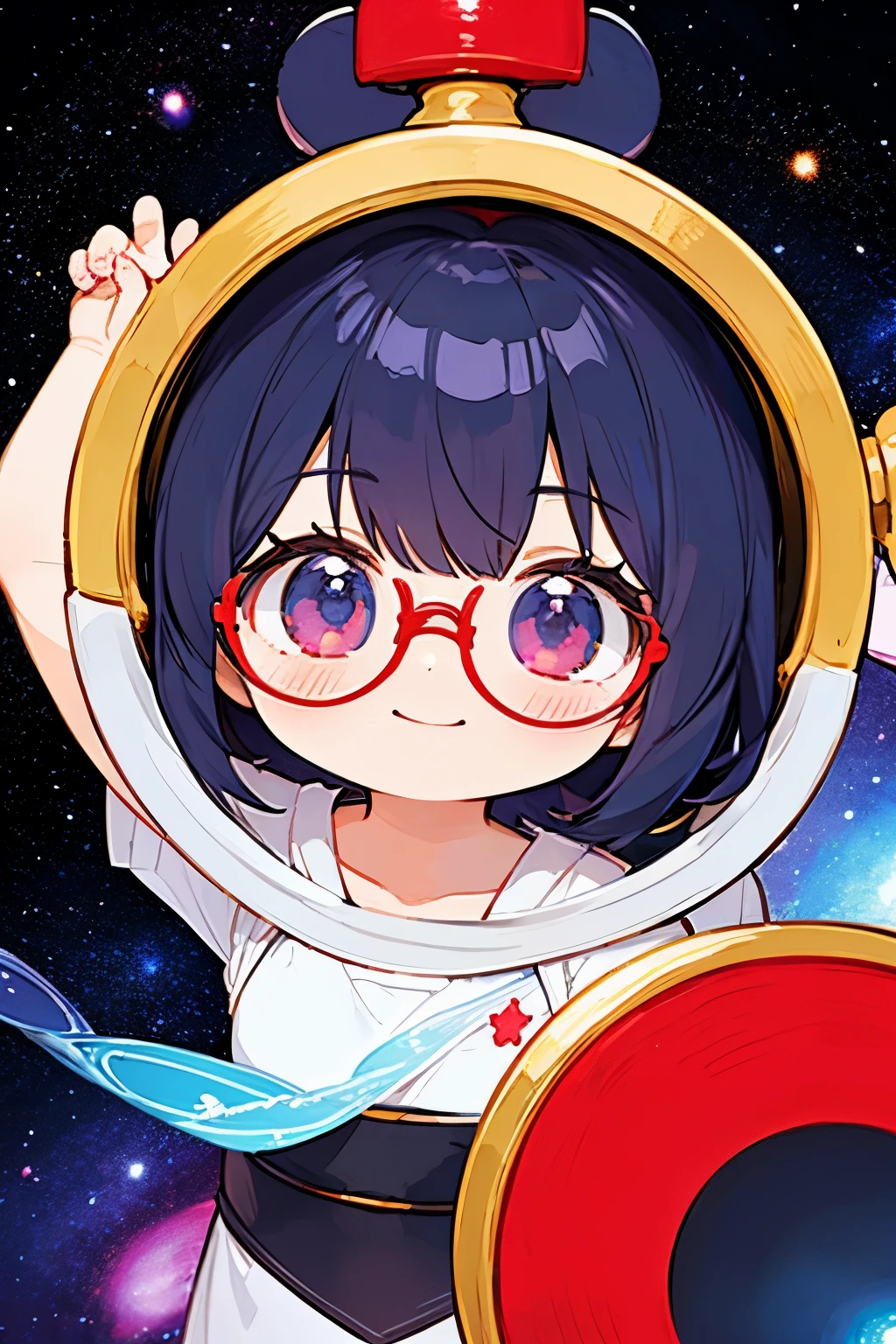 Chibi girl teaching cosmology、red glasses、smile、Galaxy painting on background