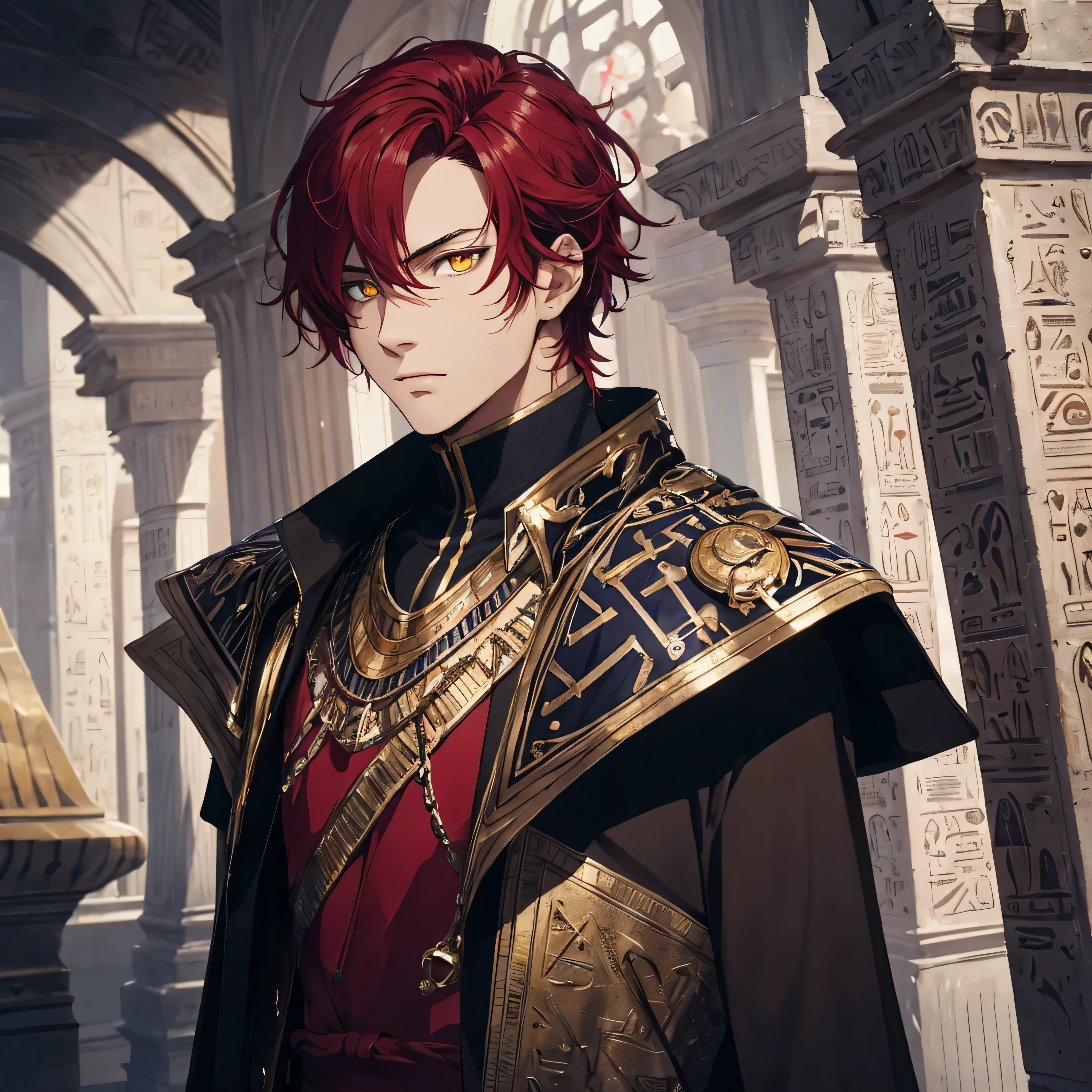 masterpiece, best quality, 1man, adult, brown skin, male focus, solo, side shaved hair, red hair, vibrant yellow eyes, looking at viewer, cape, High quality metal texture, overcoat, closed mouth, upper body, bangs, high collar,(kbxll:0.6), Fantasy aesthetics, Highly detailed, shadowverse style, egyptian attire