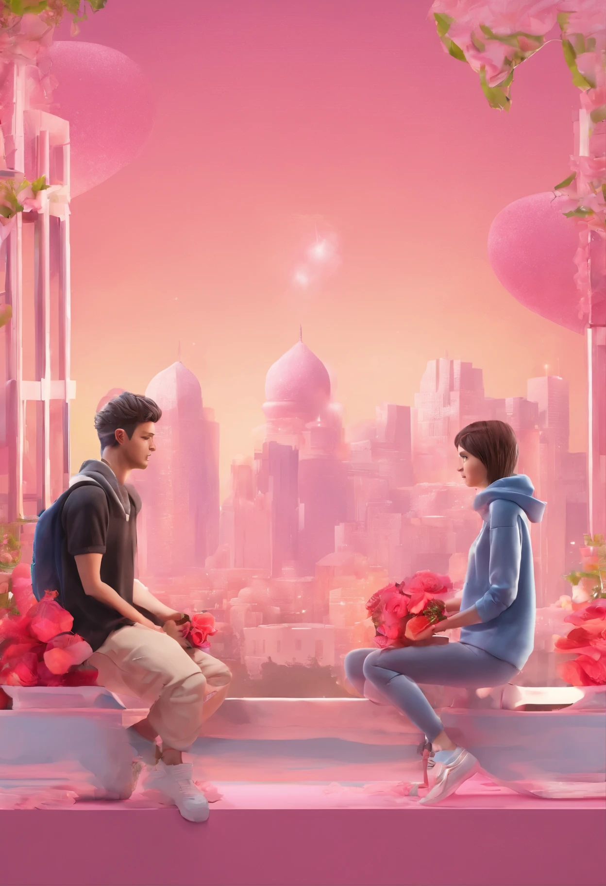 Create a beautiful couple, the boy's wear a  black hoddie with "Rahim" name, and the girl wear a pink hoddie with "Zahra" Name , the boy give a rose to the girl with a background i love you my jan 