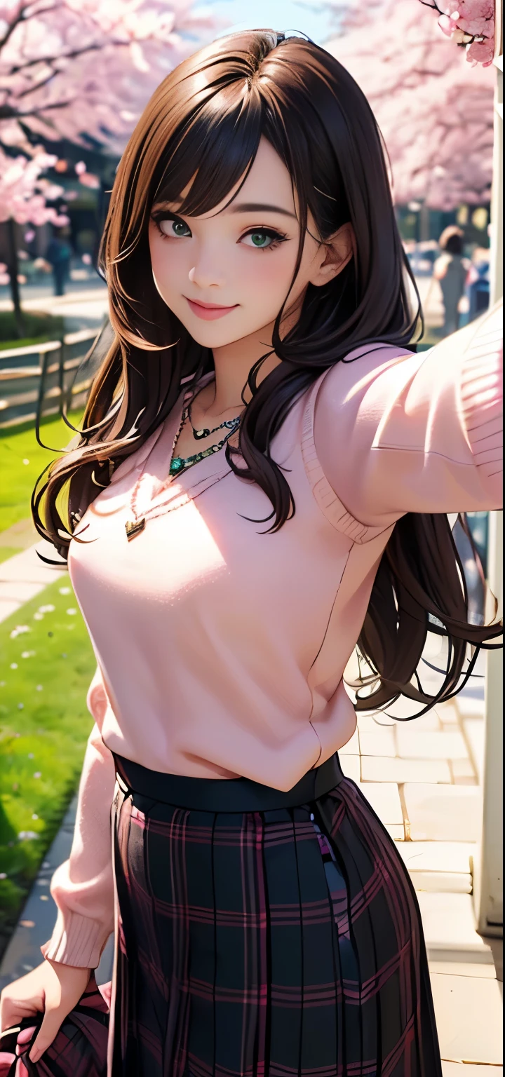 ((table top, highest quality, High resolution, nffsw, perfect pixel, written boundary depth, 4K, nffsw, nffsw))), 1 girl, single, alone, beautiful anime girl, beautiful art style, anime character, ((long hair, bangs, brown hair)), ((green eyes:1.4, round eyes, beautiful eyelashes, realistic eyes)), ((detailed face, blush:1.2)), ((smooth texture:0.75, realistic texture:0.65, realistic:1.1, Anime CG style)),  dynamic angle,  ((throw, Selfie Pose, portrait)), ((pink sweater, long sleeve, black skirt, plaid skirt, Fashionable, 1 diamond necklace)), smile,  amusement park, ((cherry blossoms, cherry blossomsの花が散る))