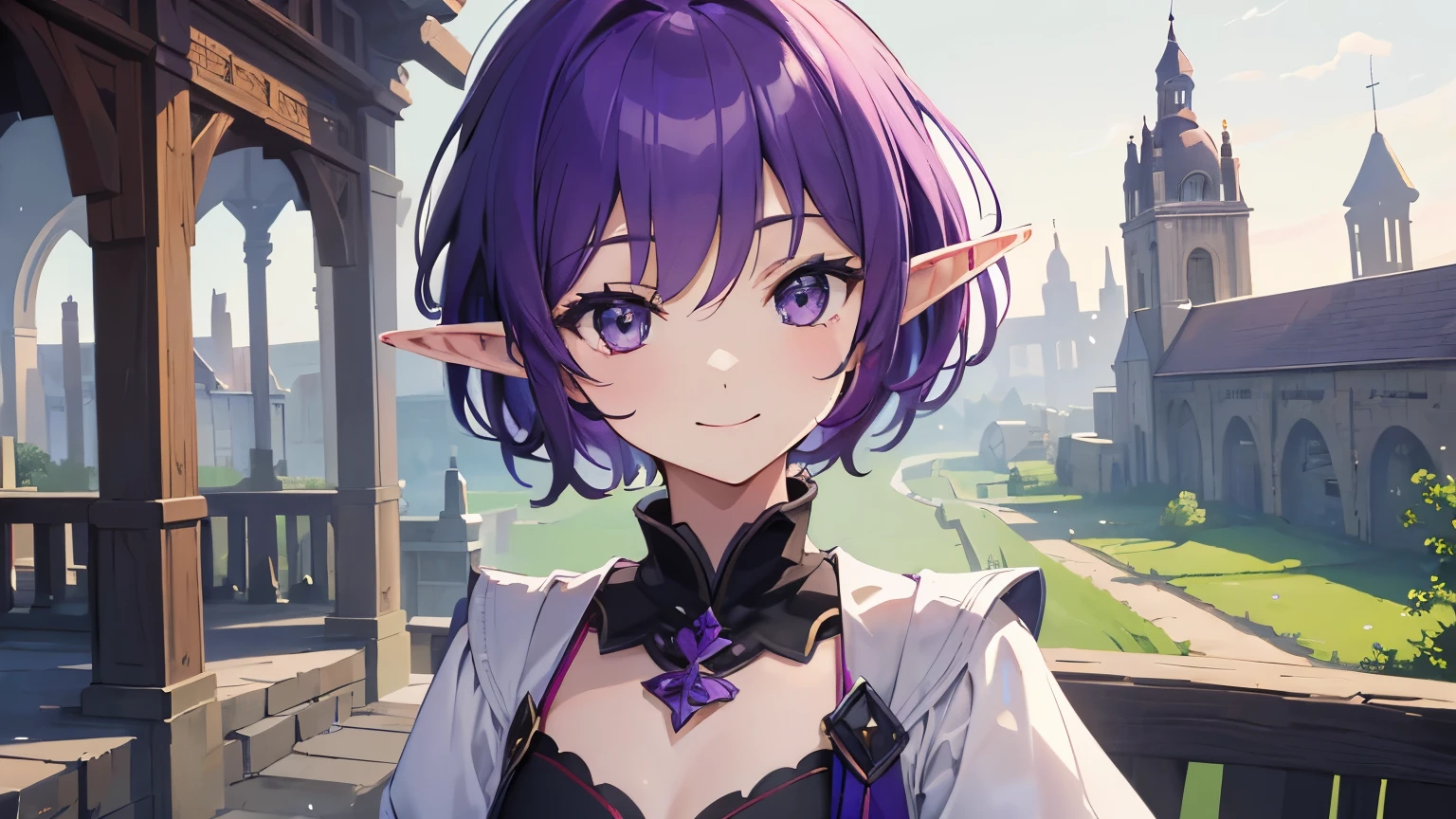 (T Masterpiece，4k wallpaper，best quality))、((girl１people))、(solo)、Brilliant，(purple hair)、(shortcut:1.3)、smile、middle ages、elf