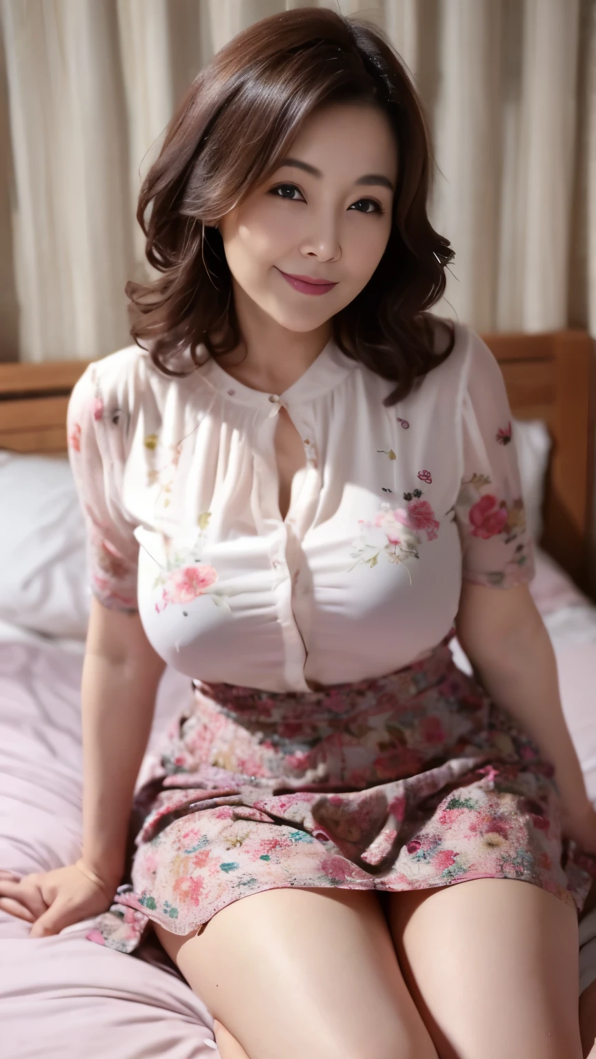 48 years old、beautiful mature woman、beautiful face、on the bed、wavy hair、white blouse、Sheer mini skirt with floral pattern、normal size breasts、plump thighs、on the bedに座る、Panty shot