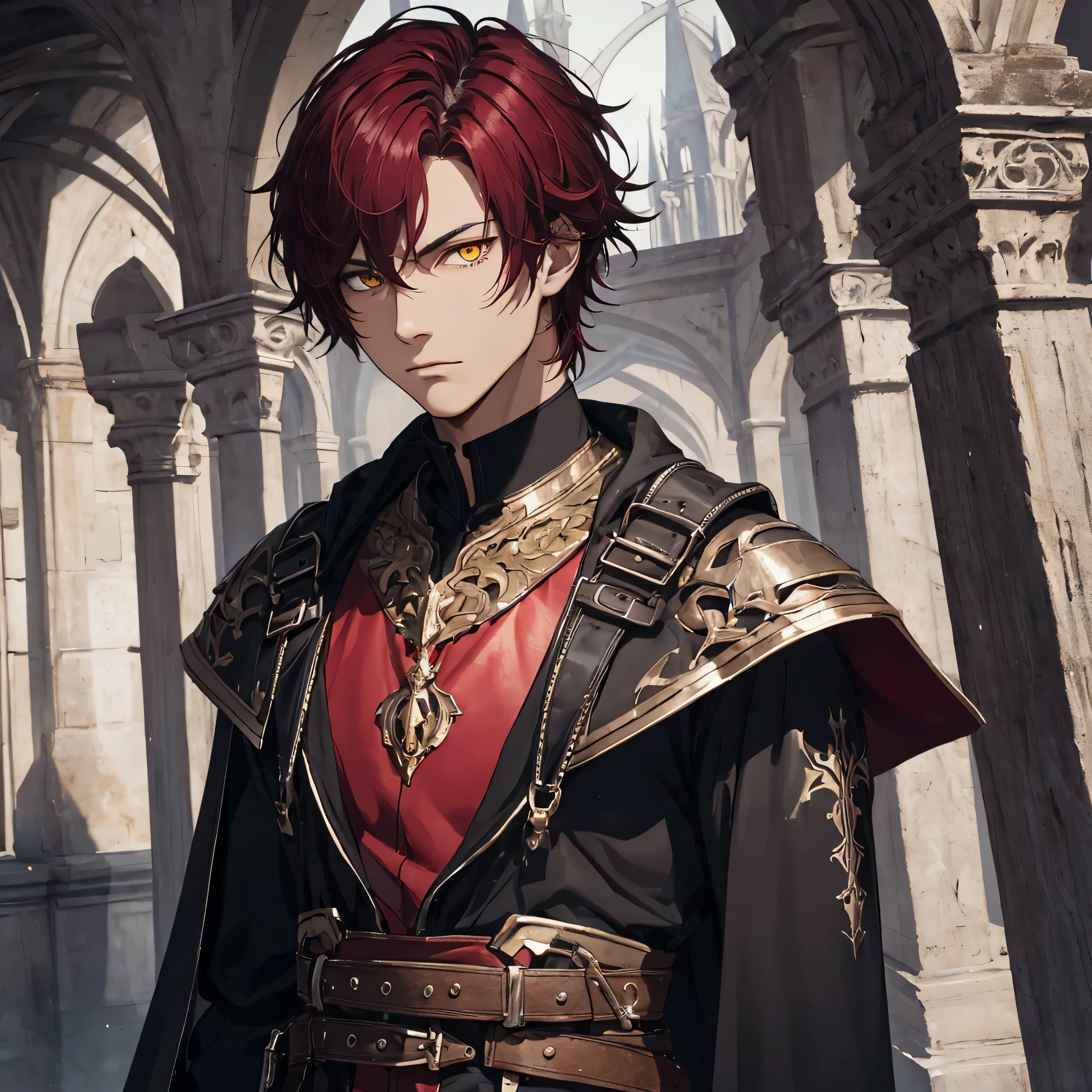 masterpiece, best quality, 1man, adult, brown skin, male focus, solo, side shaved hair, red hair, vibrant yellow eyes, looking at viewer, cape, High quality metal texture, overcoat, closed mouth, upper body, bangs, high collar,(kbxll:0.6), Fantasy aesthetics, Highly detailed, shadowverse style, black metal armor outfit
