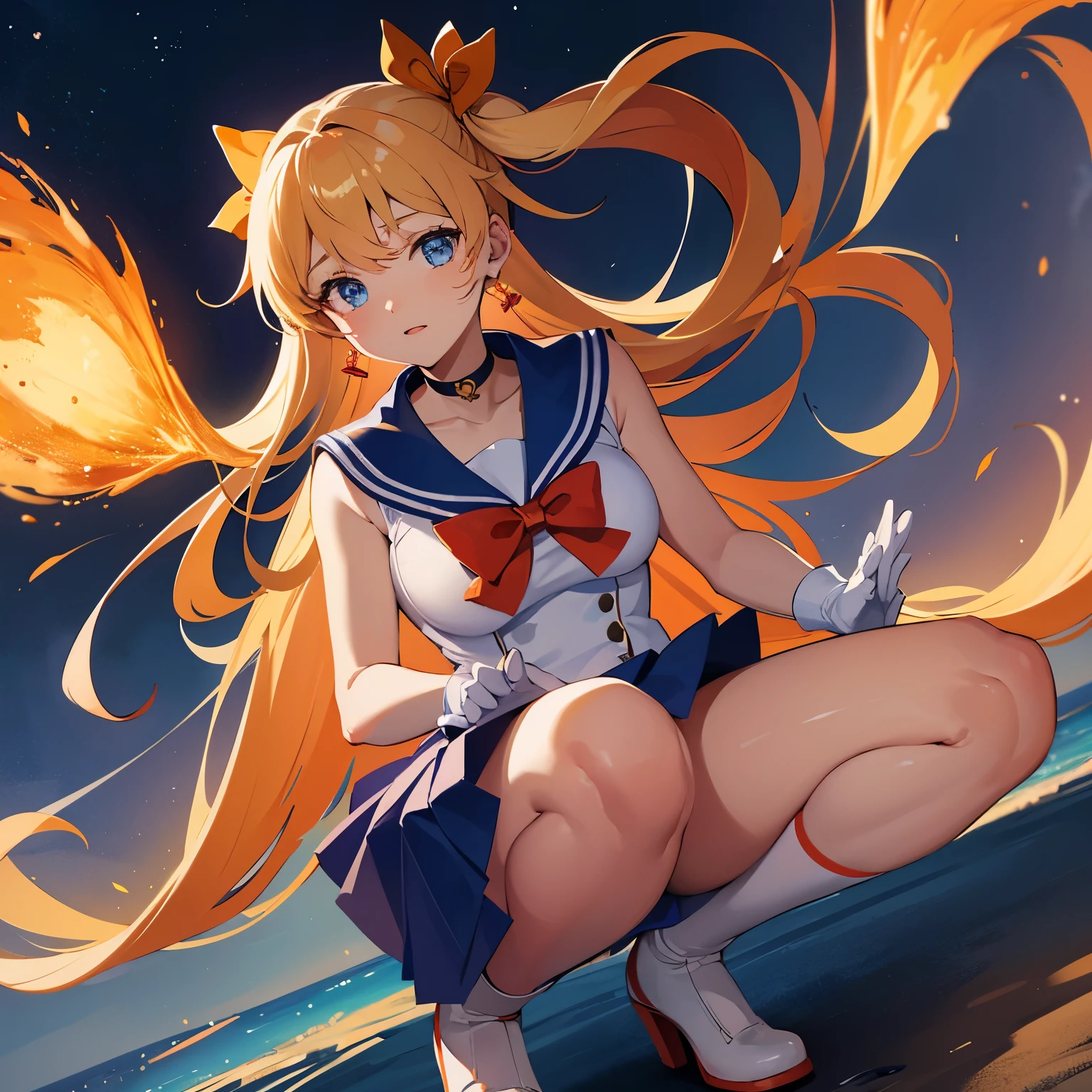 masutepiece, Best Quality, hight resolution, venus1, 1girl in, Solo, Sailor Senshi Uniform, sailorvenus, aino minako,Large breasts, Squatting,Blonde hair, magical , Blue eyes, Orange skirt, elbow groves, ,tiarra, Pleated skirt, Hair Bow, Orange sailor collar, Miniskirt, Choker, Red bow, orangechoker, White Gloves, Very long hair,  Jewelry,  earrings, pussy 